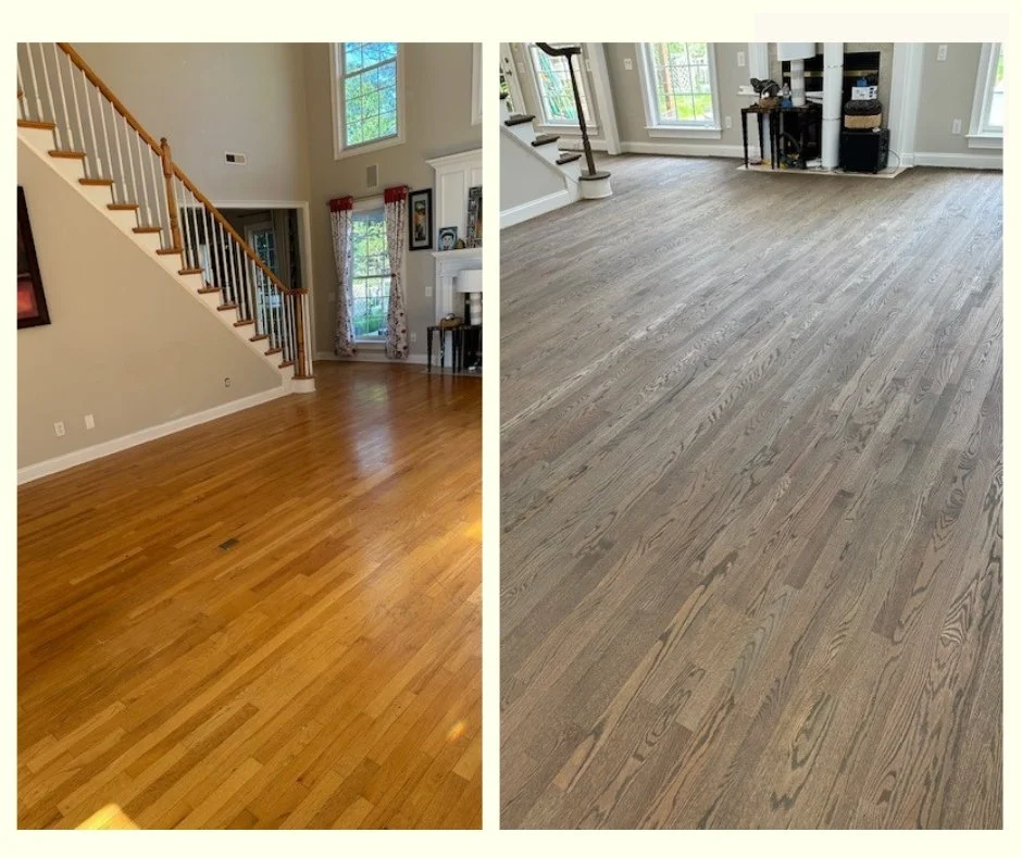 Before and after photo of a refinished hardwood flooring project completed by Providence Hardwood Flooring in Salisbury, NC