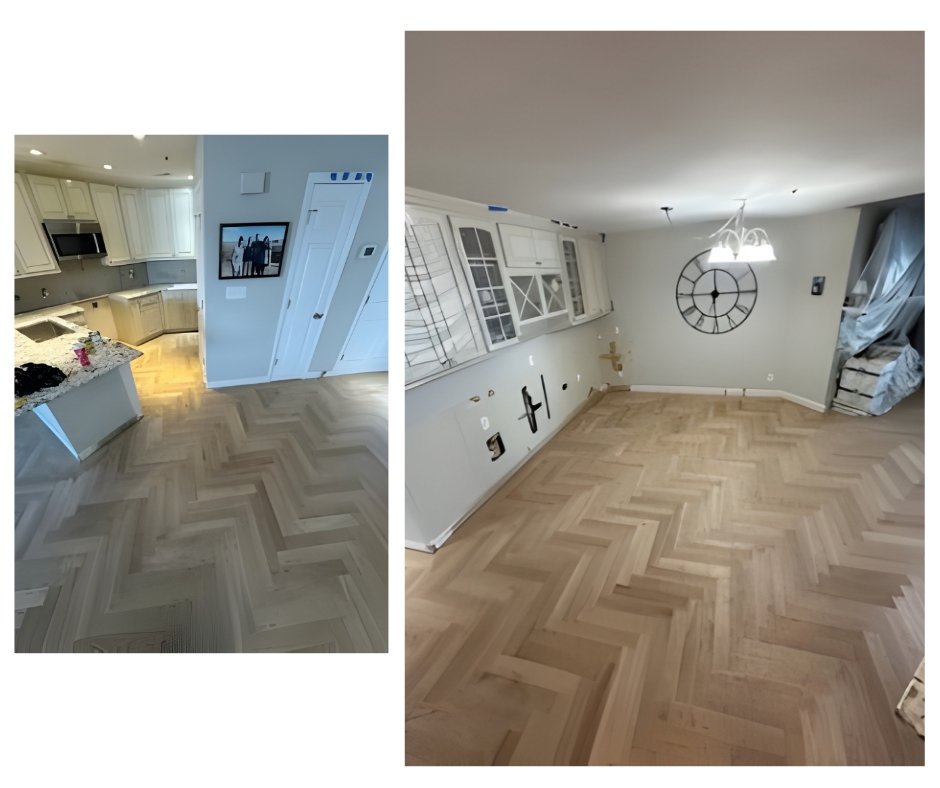 Professional 3-inch white herringbone style hardwood floor installation with 5-inch border all around, weathered oak stain and Bona Mega water-based finish