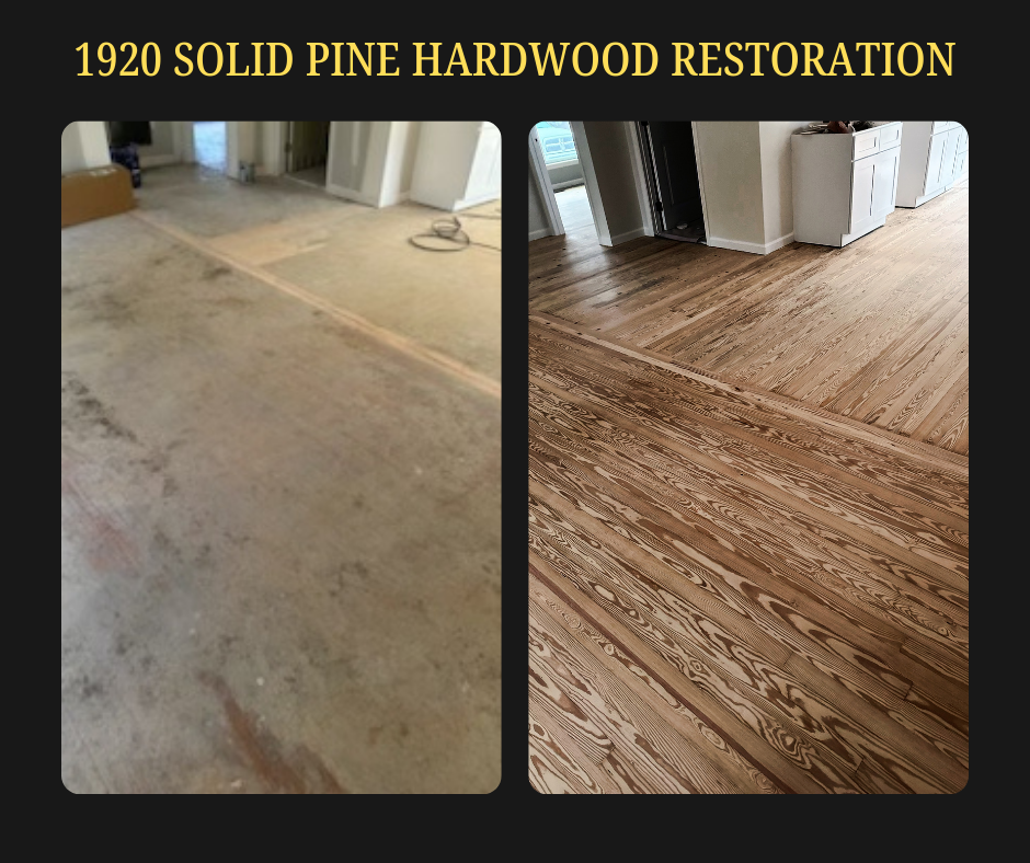 Before and after photo of a repaired, restored and refinished 1920 solid pine hardwood floor in North Carolina. Work completed by Providence Hardwood Flooring.
