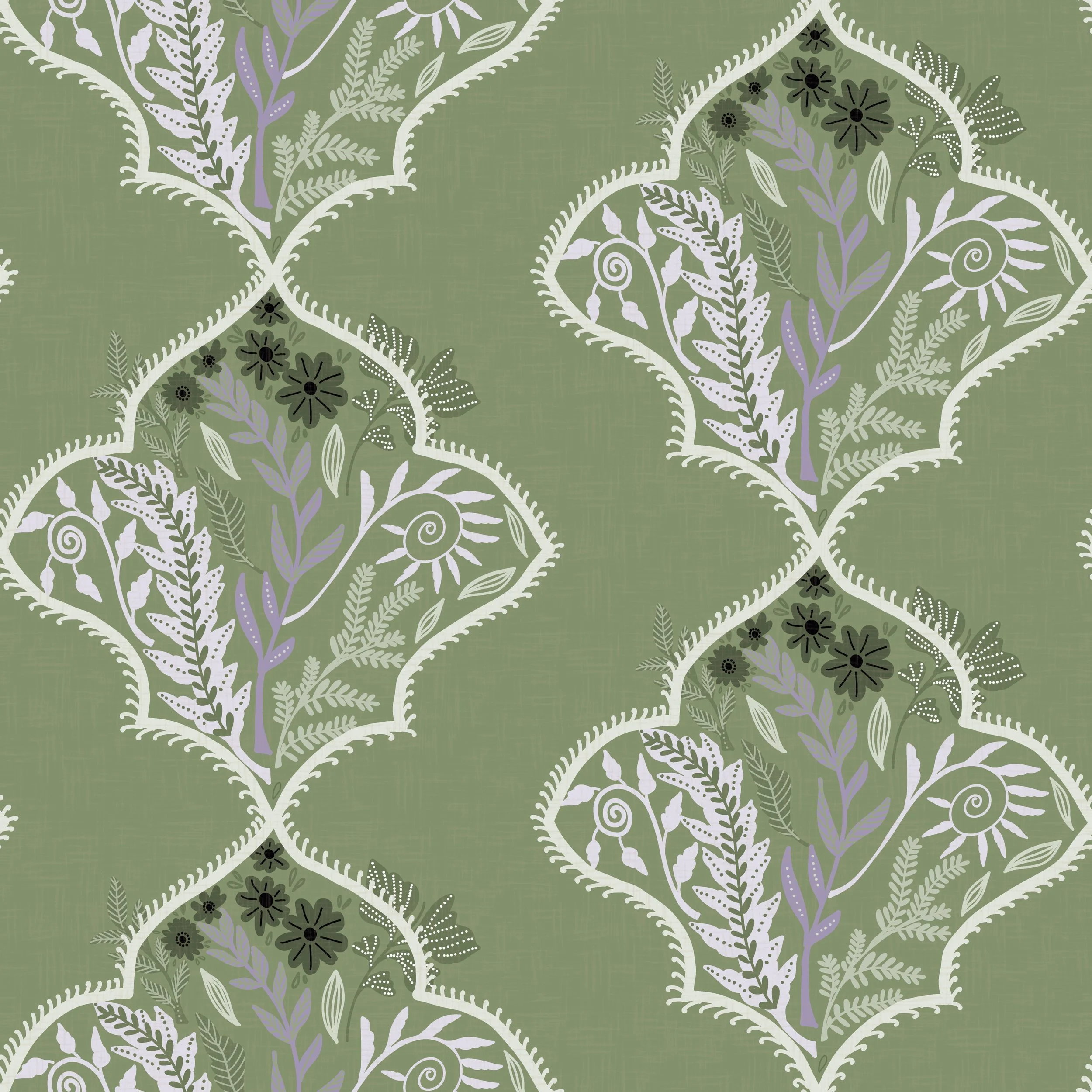 Elegant botanical surface pattern featuring hand-drawn leafy branches framed within repeating scalloped and quatrefoil-inspired motifs in muted sage green on a textured ivory background. This heritage-inspired design combines traditional ornamental c