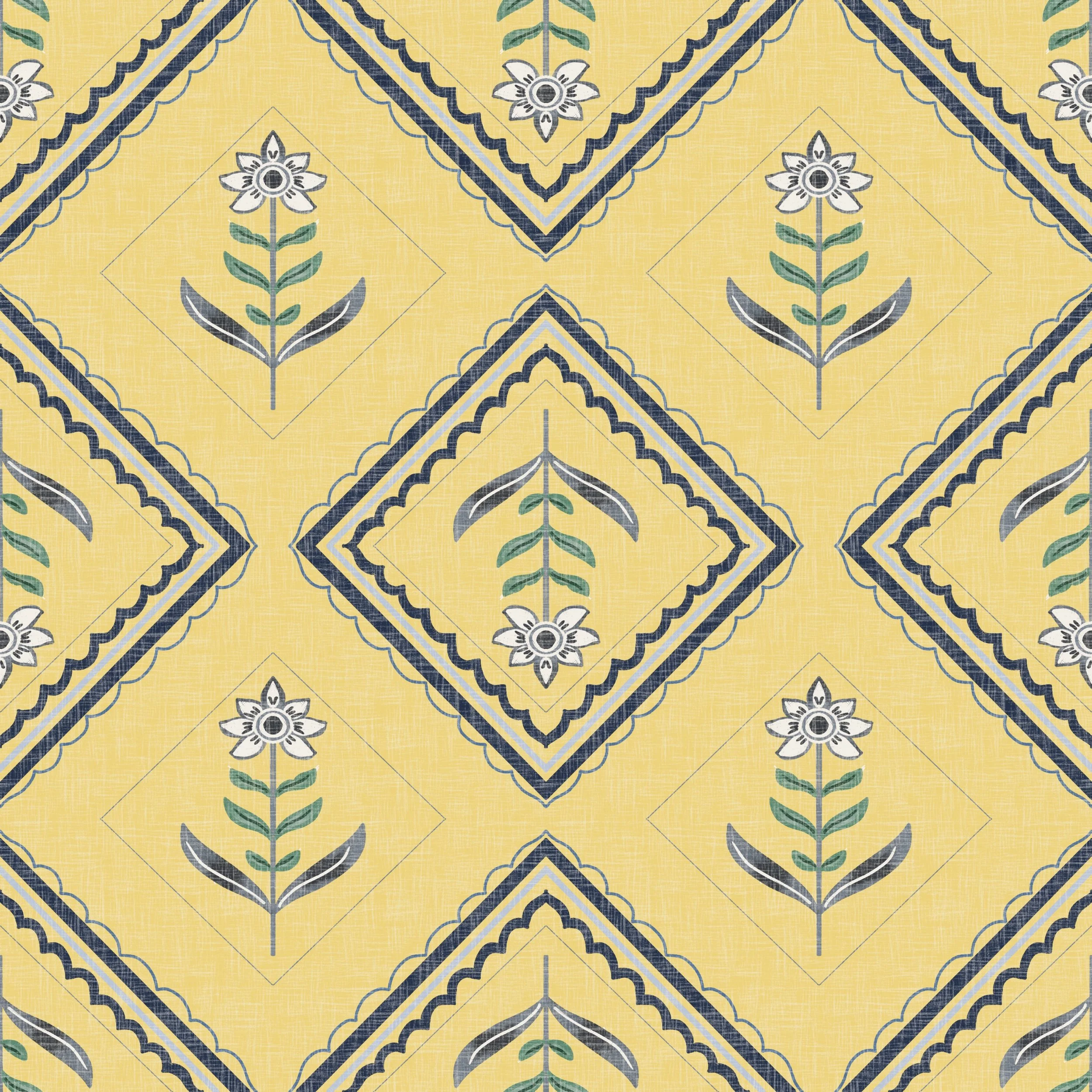 A yellow tile background with a geometric floral pattern featuring white flowers with black centers, green leaves, and black, blue, gray, and white decorative borders.