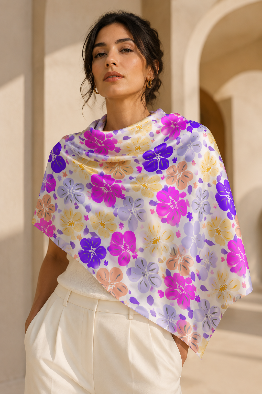 Delicate floral surface pattern featuring vibrant purple, lilac, pink and soft peach flowers with fine green and golden botanical details on an ivory background. This romantic painterly design brings a fresh, feminine feel to fashion, scarves, fabric