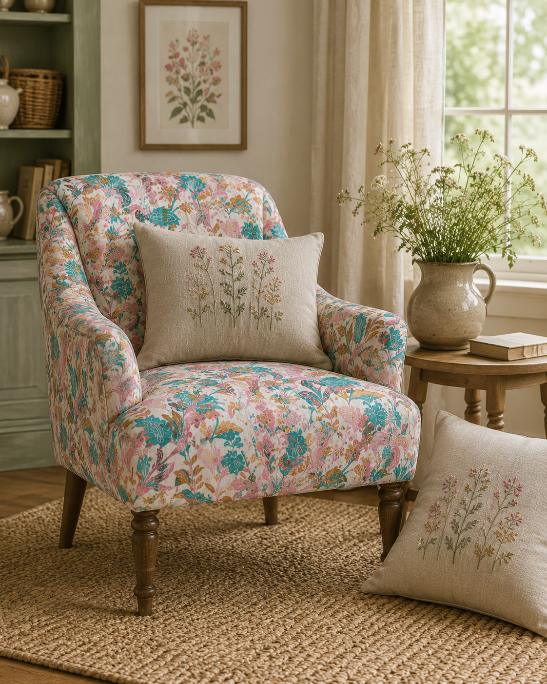 A floral upholstered armchair with a beige embroidered cushion, next to a wooden side table with a ceramic vase of wildflowers and a book, in a cozy living room with natural light and framed botanical art.