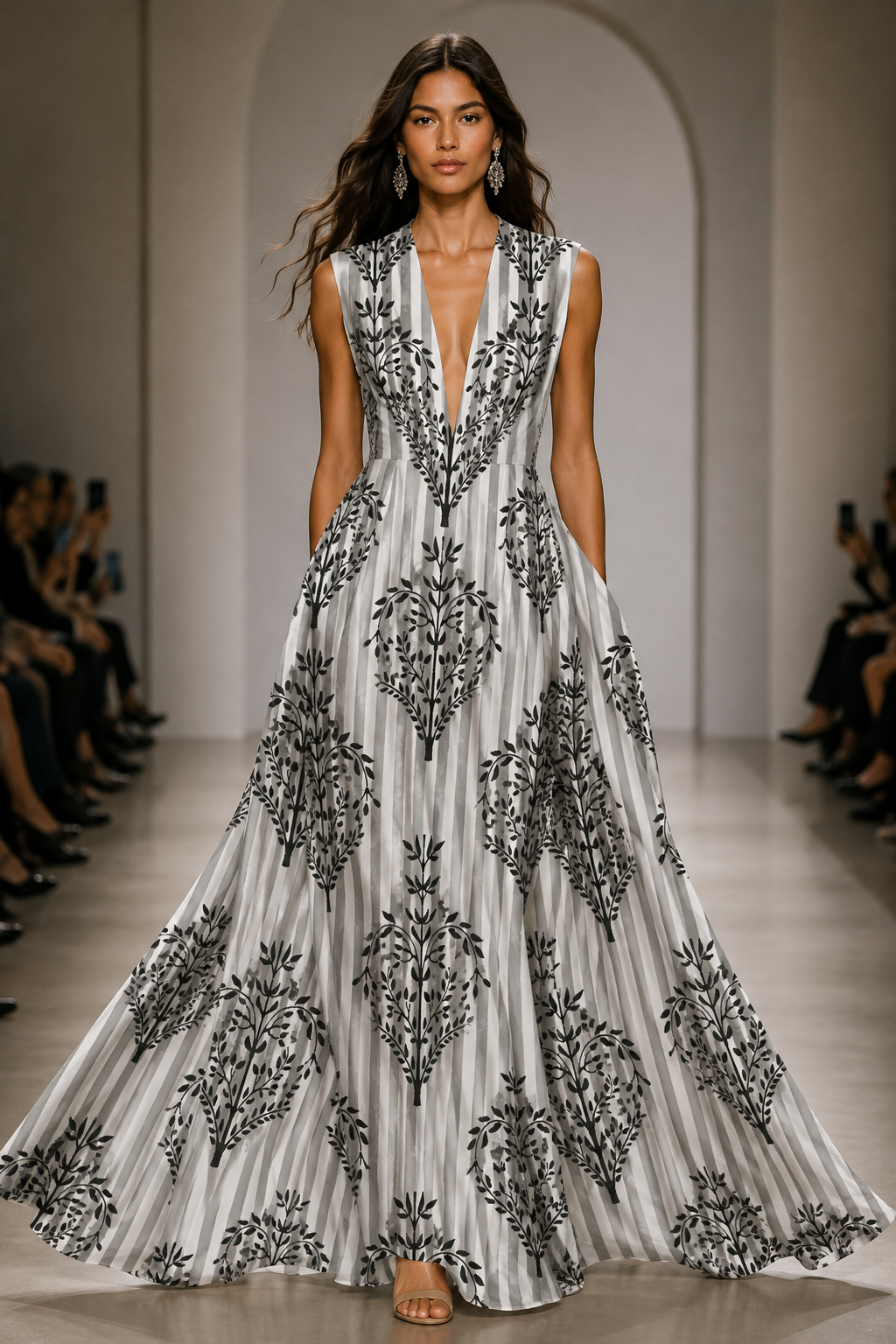 Elegant black and white botanical surface pattern featuring intricate hand-drawn floral motifs, ornamental foliage and symmetrical organic details on a soft ivory background. This sophisticated monochrome design blends traditional botanical character