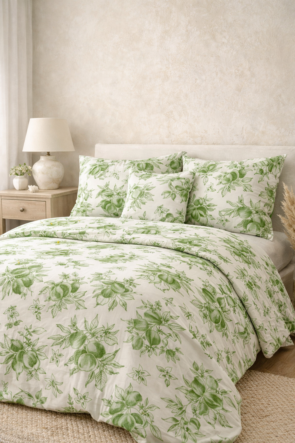 A neatly made bed with white and green botanical print bedding, including pillows and a duvet, in a bedroom with a beige wall and a nightstand with a lamp and small decorative items. Surface Pattern Design Collections for fabric and wallpaper.