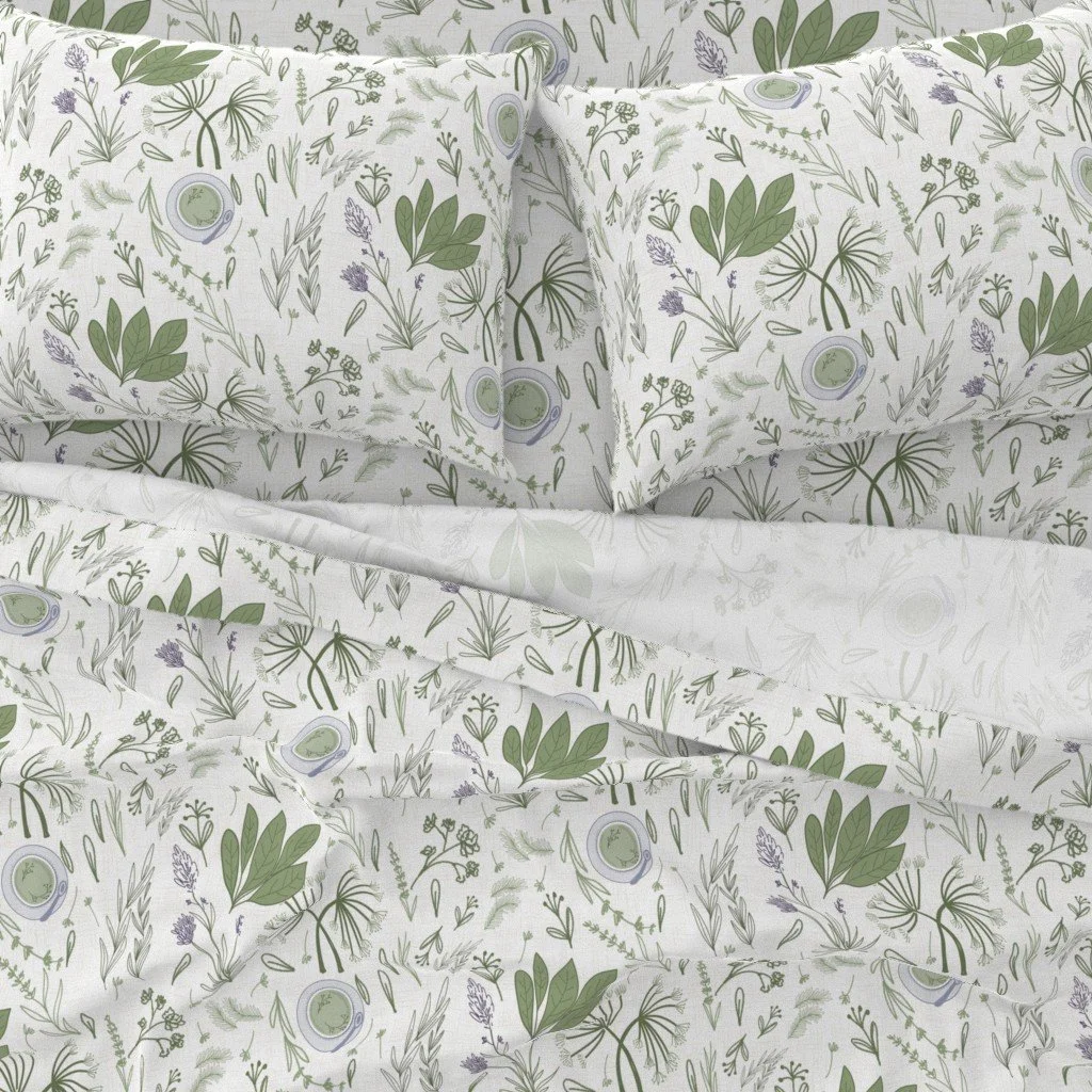 Delicate sage green botanical surface pattern featuring hand-drawn wildflower stems, leafy sprigs and fine organic linework on a soft ivory textured background. Inspired by vintage herbarium illustrations and natural foliage, this understated design 