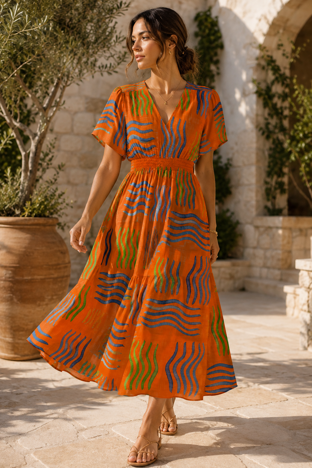 Vibrant orange and blue abstract surface pattern featuring expressive hand-drawn wavy lines and organic flowing shapes with touches of green. This bold, energetic textile design combines a warm tropical palette with a contemporary painterly aesthetic