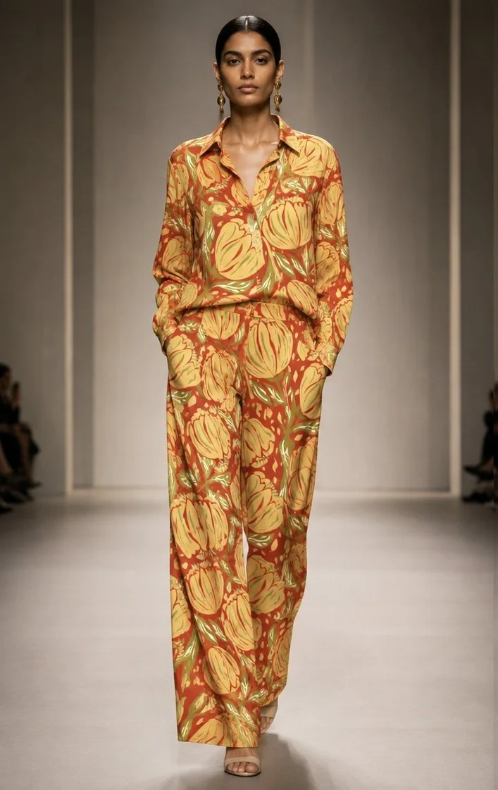 Rich orange and golden botanical surface pattern featuring expressive hand-drawn foliage, organic floral forms and intricate painterly details. This warm, nature-inspired textile design brings an artisanal feel and vibrant character to fabric, fashio