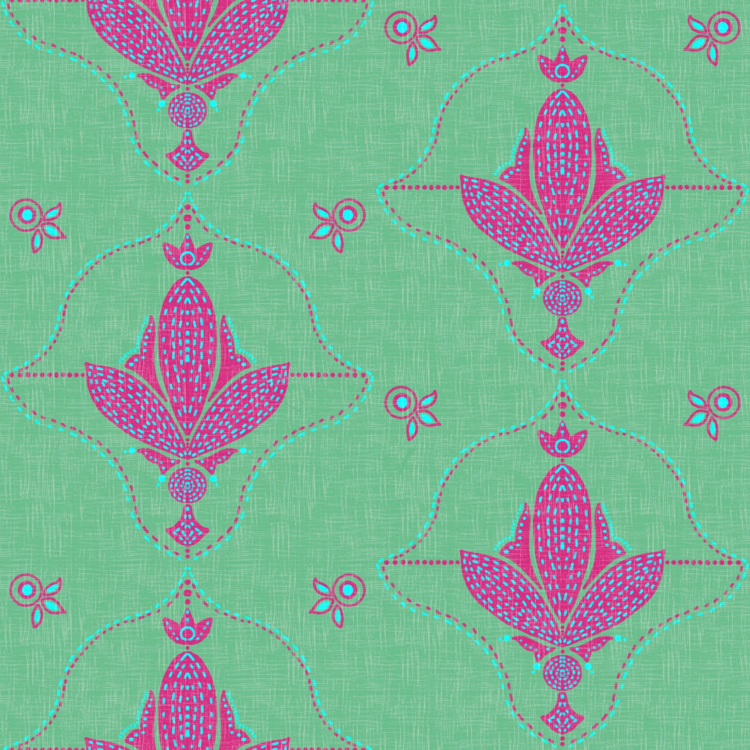 A colorful, intricate pattern with pink floral and geometric designs on a textured green background.