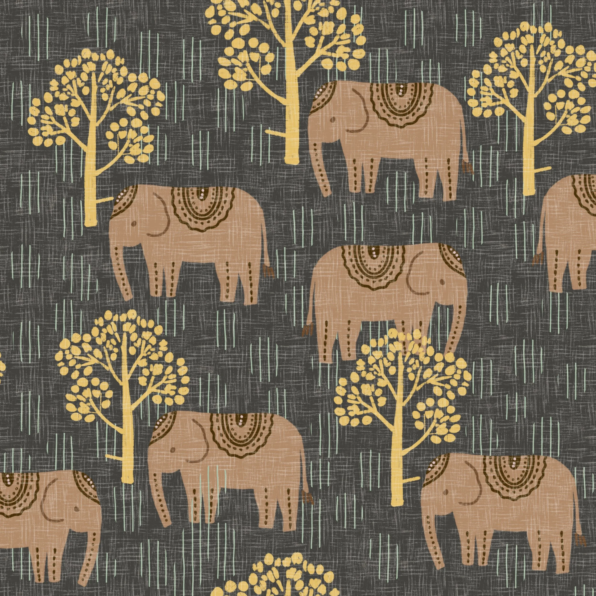 Pattern featuring stylized brown elephants with decorative markings, yellow trees, and rain streaks on a dark background.