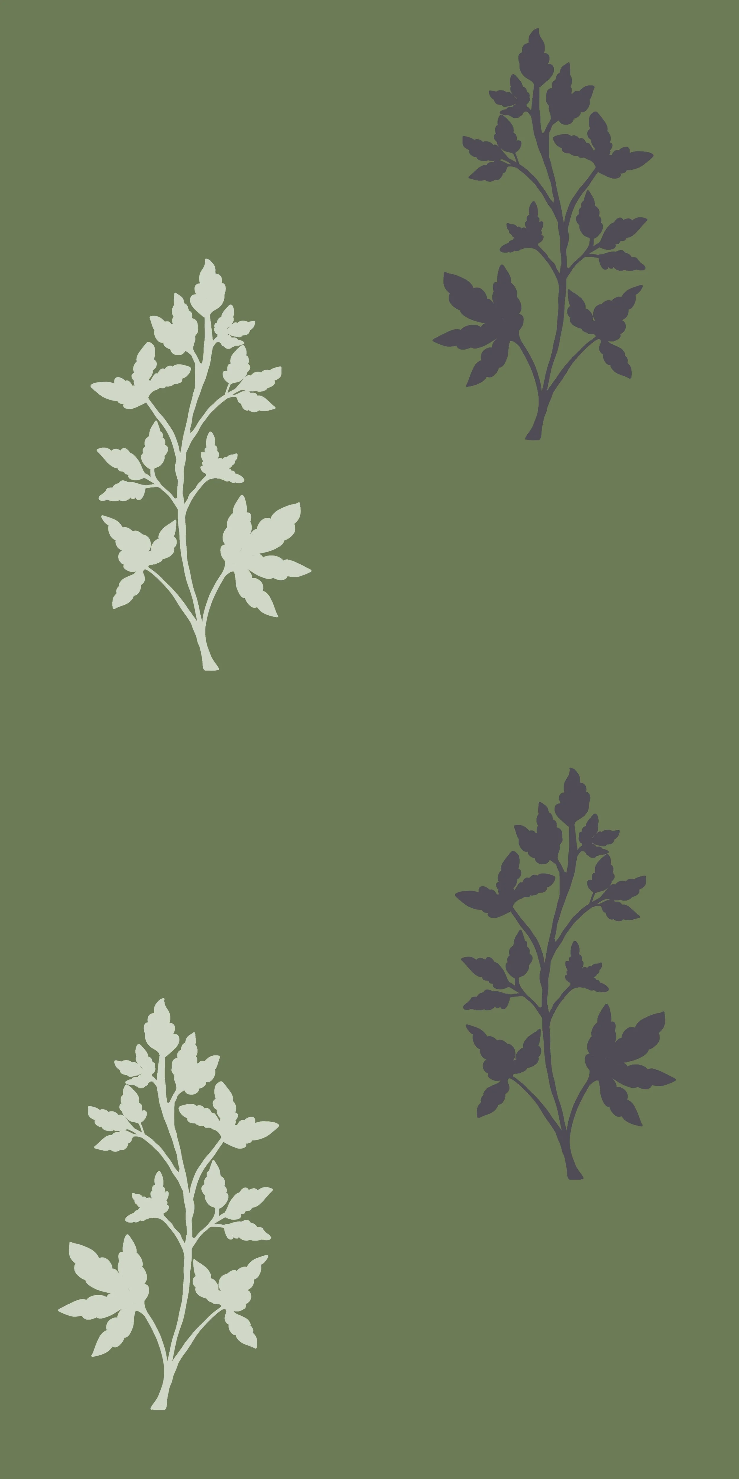 Elegant sage green botanical surface pattern featuring evenly spaced hand-drawn herb sprigs in soft ivory and muted purple. Inspired by vintage botanical illustrations and natural foliage, this simple repeating design brings a refined, timeless feel 