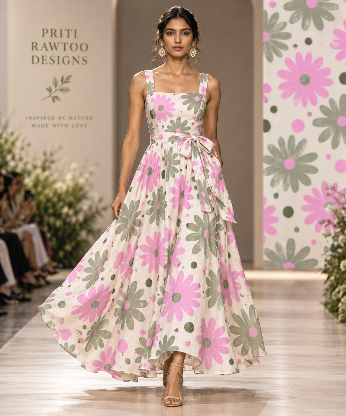 Romantic pink and sage green floral surface pattern featuring hand-drawn daisy-like blooms and organic botanical leaves on a soft ivory background. This feminine floral design brings a fresh, painterly feel to fabric, fashion, dresses, wallpaper, hom