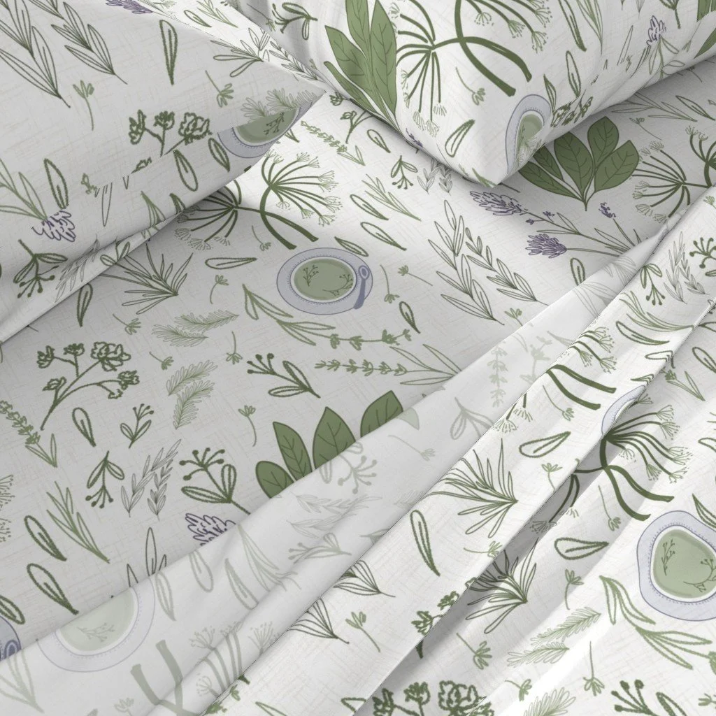 Botanical surface pattern featuring delicate hand-drawn herbs, leafy sprigs, wildflowers and vintage apothecary-inspired details in sage green, soft lavender and muted grey on an ivory ground. A refined nature-inspired design with an airy, timeless f