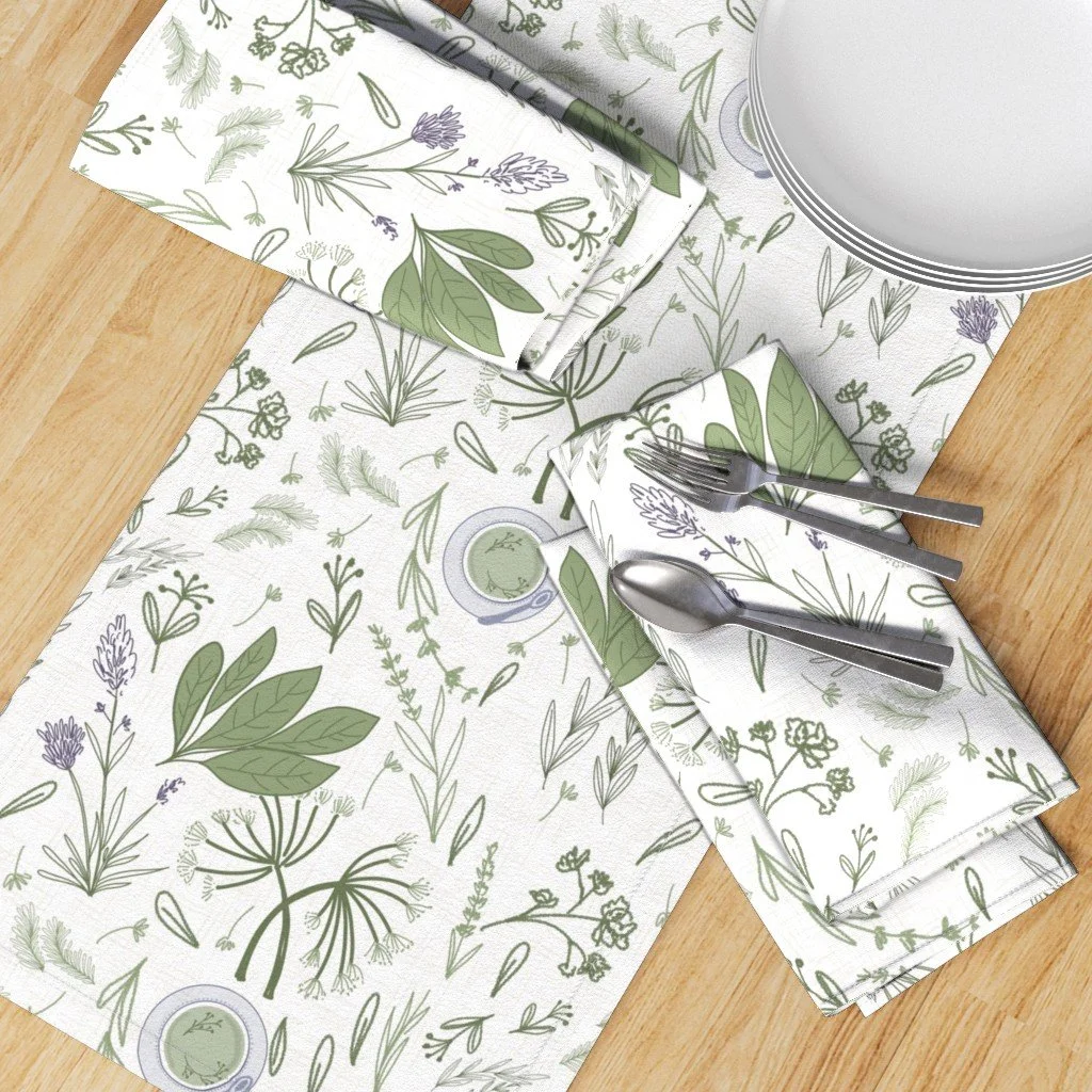 Elegant botanical surface pattern featuring delicate hand-drawn herbs, leafy foliage, wildflower sprigs and subtle lavender apothecary motifs on an ivory background. This timeless nature-inspired design creates a soft, refined look for upholstered fu