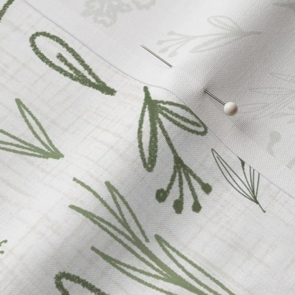 Delicate sage green botanical surface pattern featuring hand-drawn wildflower stems, leafy sprigs and fine organic linework on a soft ivory textured background. Inspired by vintage herbarium illustrations and natural foliage, this understated design 