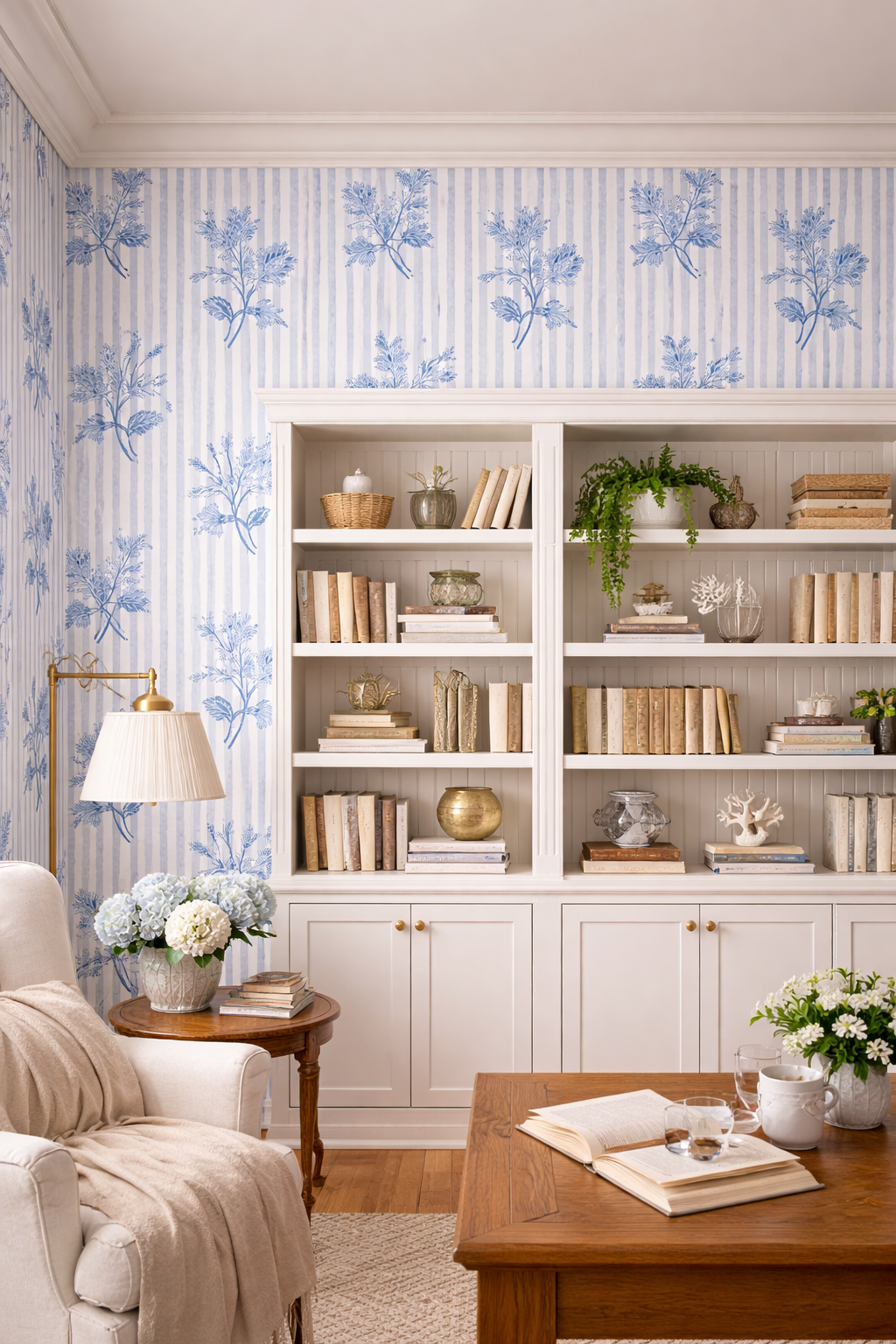 A cozy living room with a built-in white bookshelf filled with books and decorative items, a side table with a vase of white flowers, a white armchair with a beige blanket, a wooden coffee table with books, a cup, and flowers, a brass floor lamp, and blue floral wallpaper.