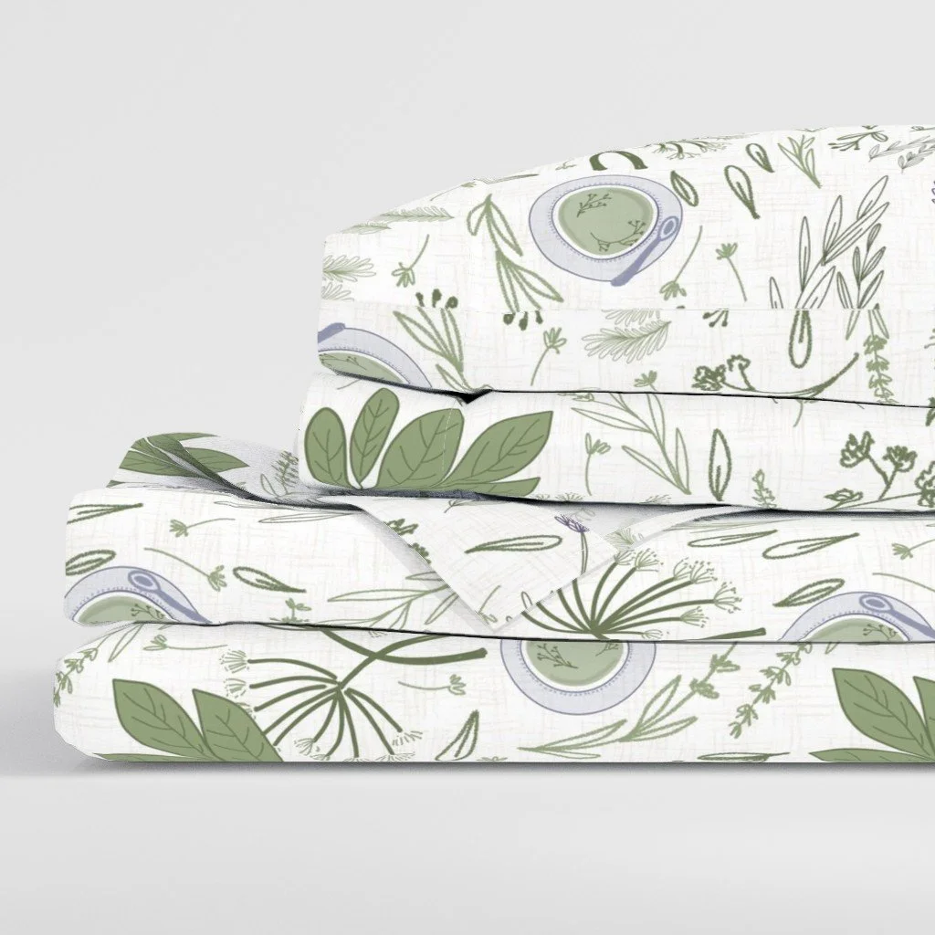 Delicate sage green botanical surface pattern featuring hand-drawn wildflower stems, leafy sprigs and fine organic linework on a soft ivory textured background. Inspired by vintage herbarium illustrations and natural foliage, this understated design 