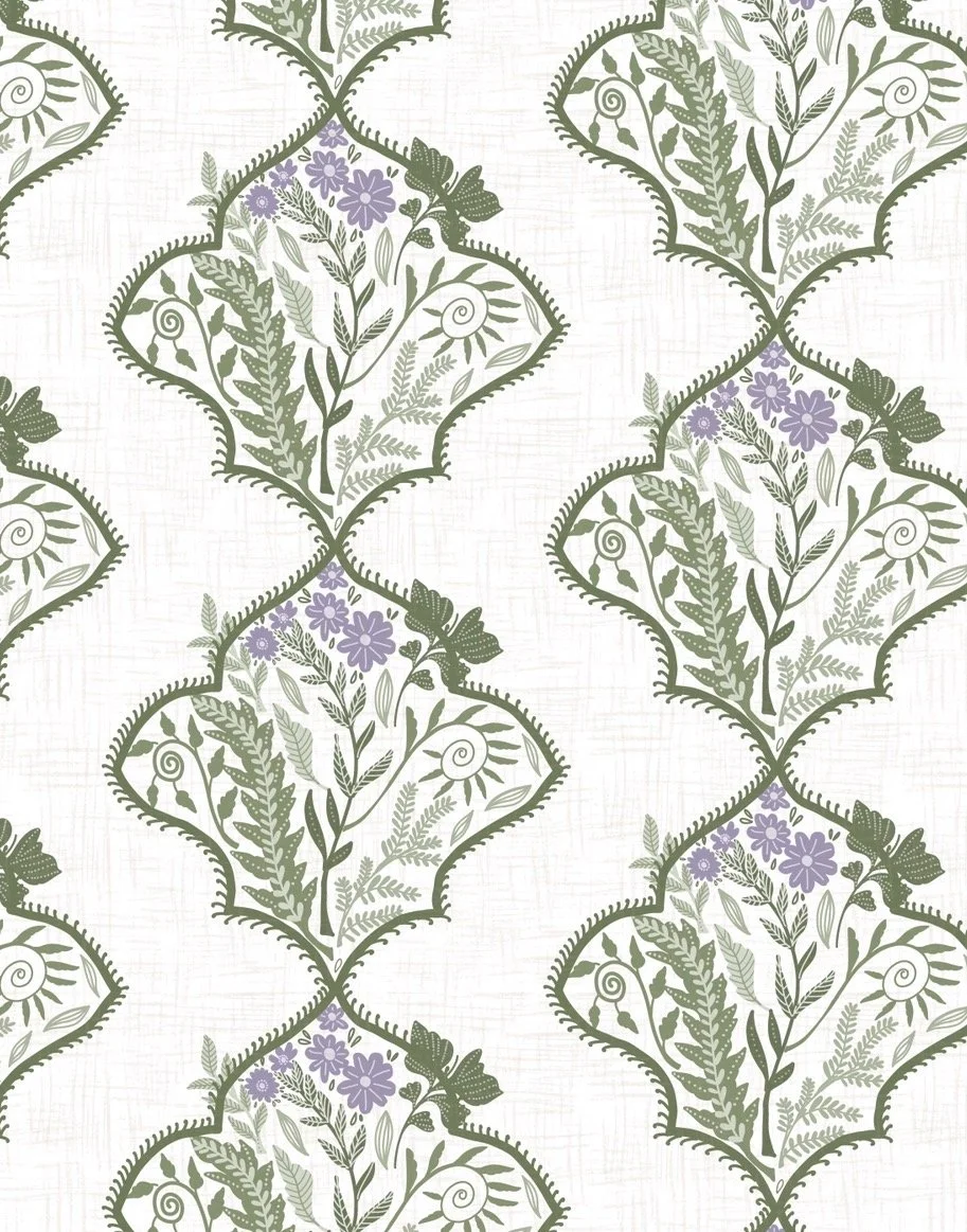 Elegant botanical surface pattern featuring hand-drawn leafy branches framed within repeating scalloped and quatrefoil-inspired motifs in muted sage green on a textured ivory background. This heritage-inspired design combines traditional ornamental c