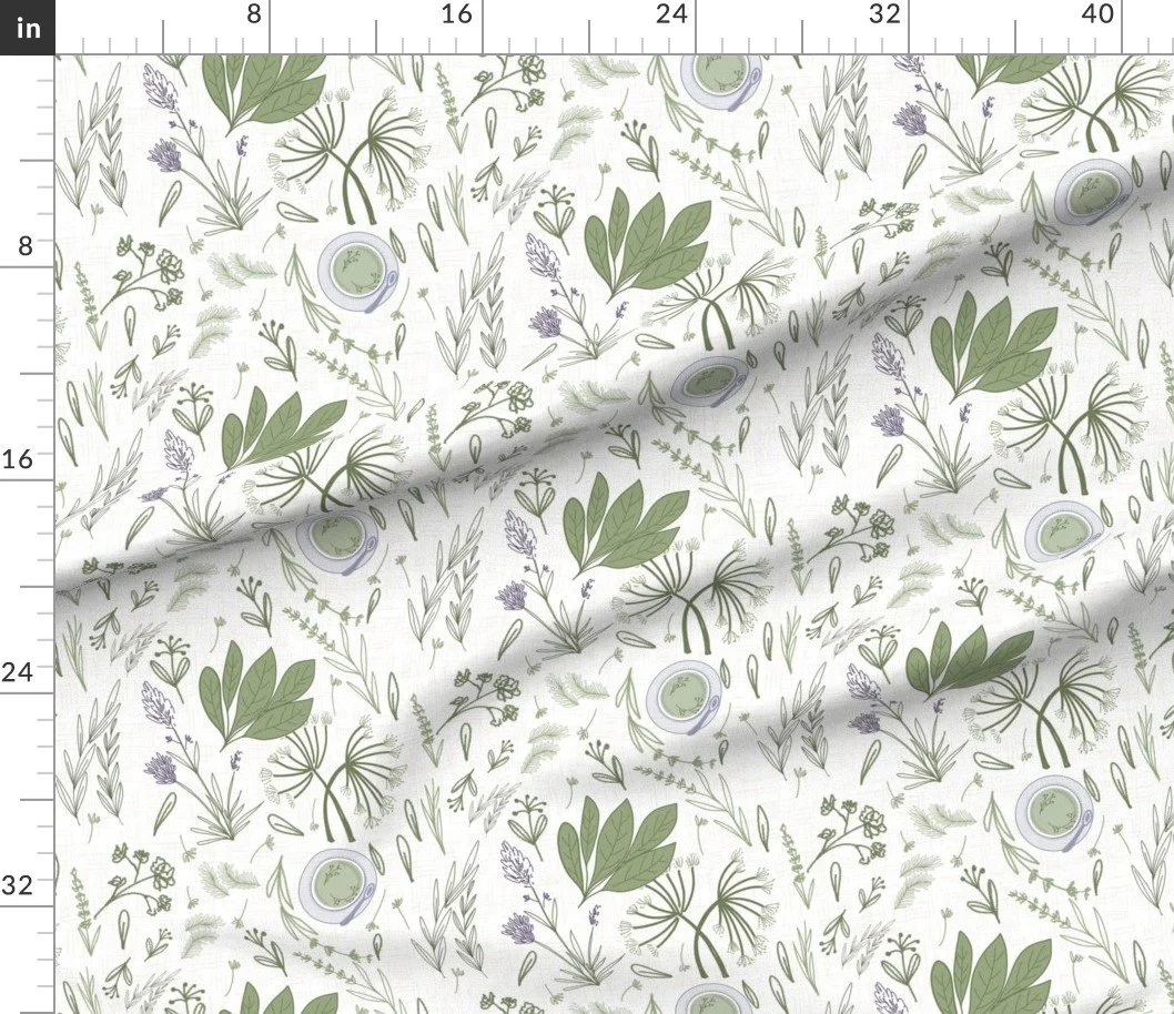Delicate botanical surface pattern featuring hand-drawn herbs, wildflowers, leafy sprigs and vintage apothecary-inspired motifs in soft sage green, lavender and muted grey on an ivory background. This timeless botanical design brings an elegant, natu