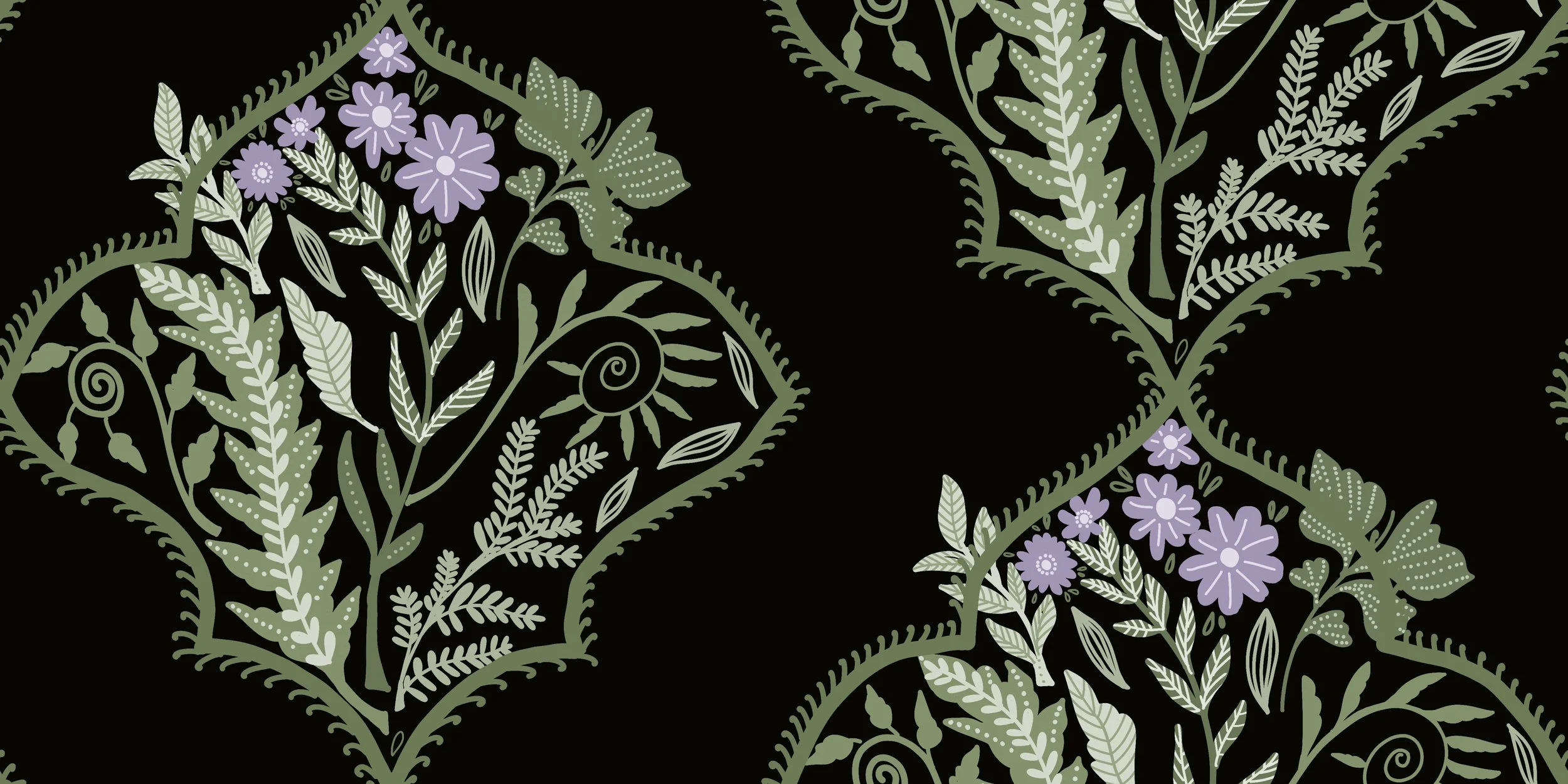 Elegant botanical surface pattern featuring intricate hand-drawn leafy foliage, delicate lavender flowers and ornamental floral motifs framed within traditional scalloped forms on a dramatic black background. This sophisticated Indian-inspired design