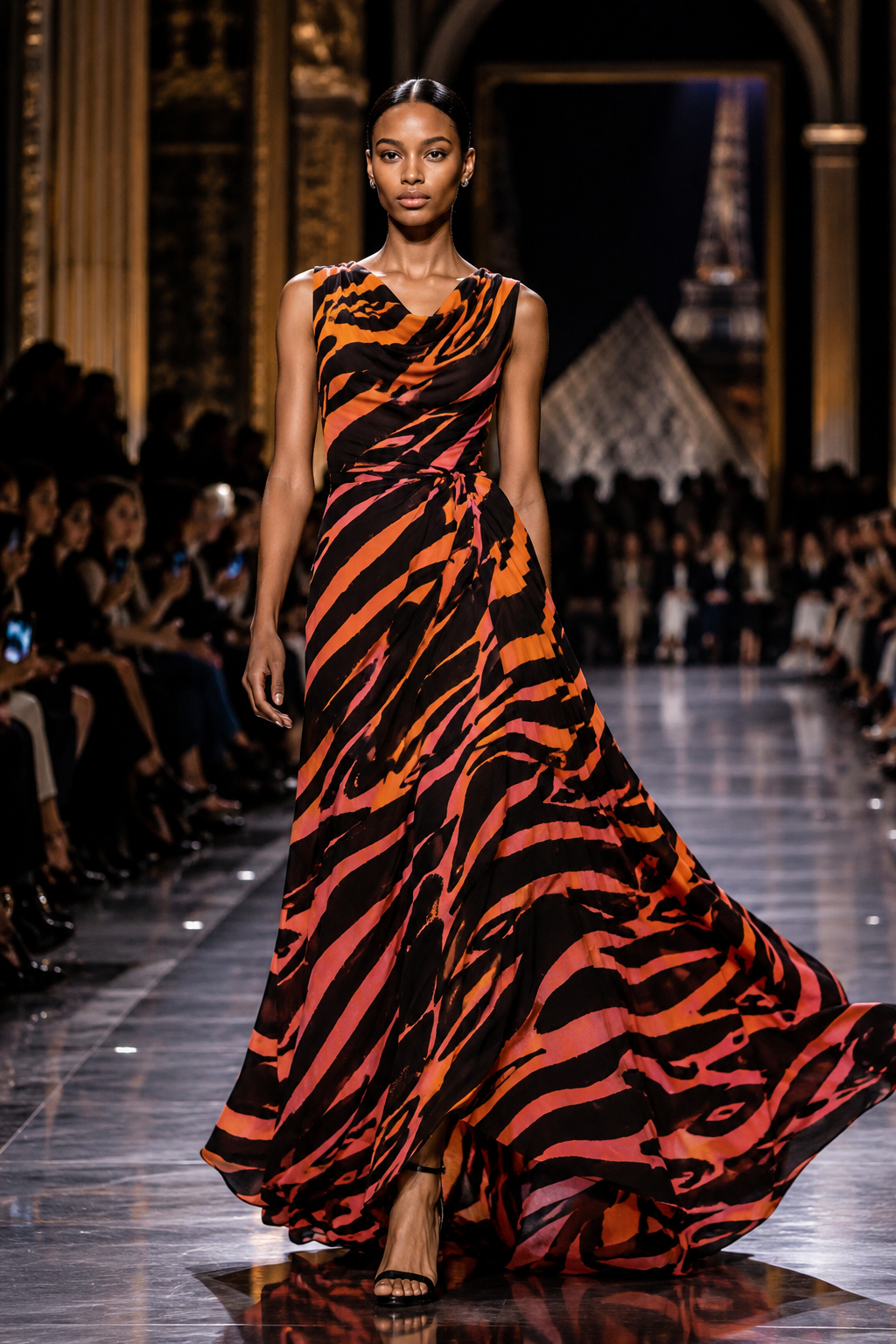 Bold black, red and orange abstract surface pattern featuring expressive hand-drawn tiger-like stripes and flowing organic brushstrokes. This dramatic animal-inspired design combines rich colour with a contemporary painterly aesthetic, ideal for fash