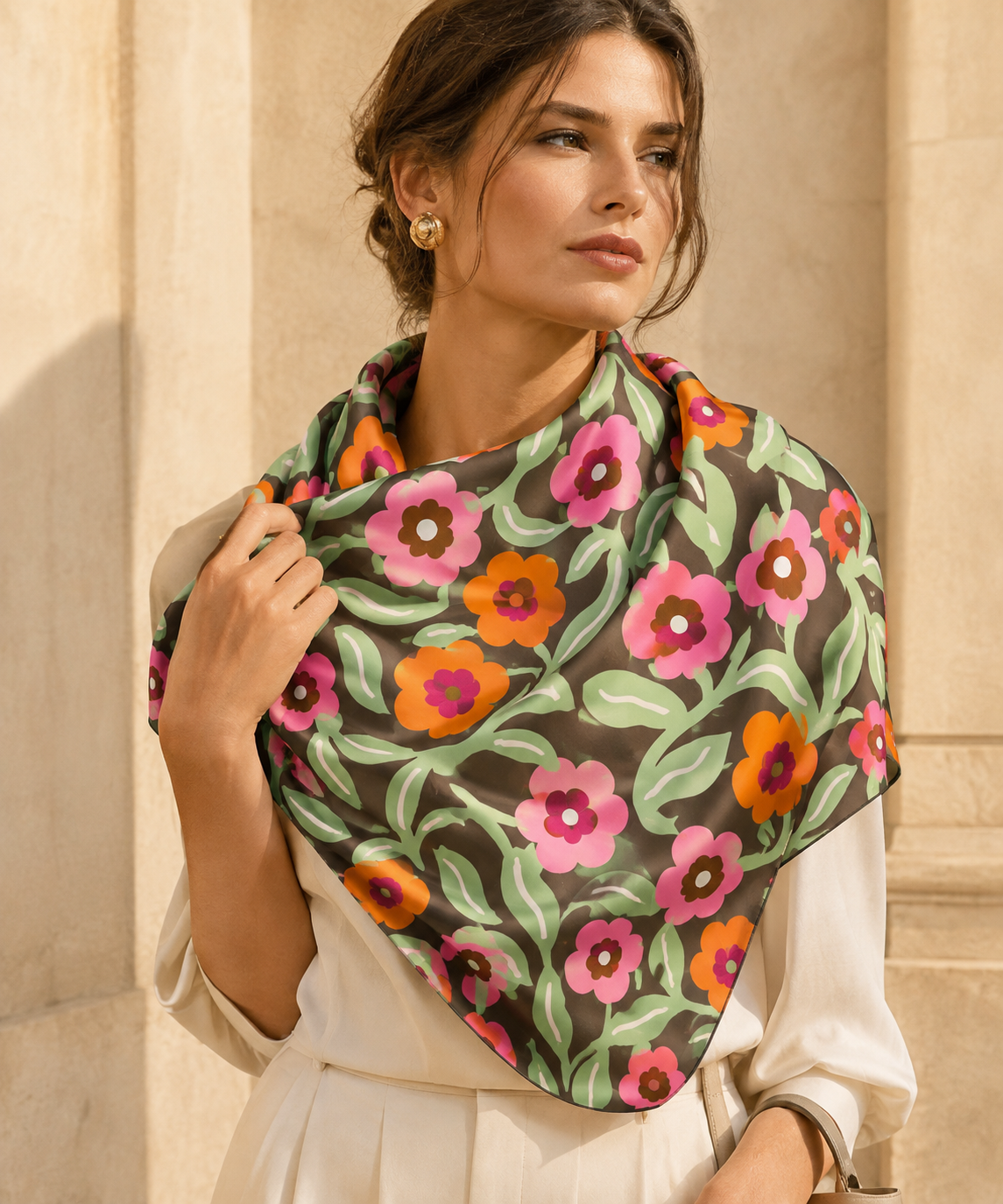 Colourful hand-drawn floral surface pattern featuring pink, orange and red flowers with flowing green leaves on an earthy olive background. This vibrant botanical design has a joyful, painterly character, ideal for fashion accessories, fabric, scarve