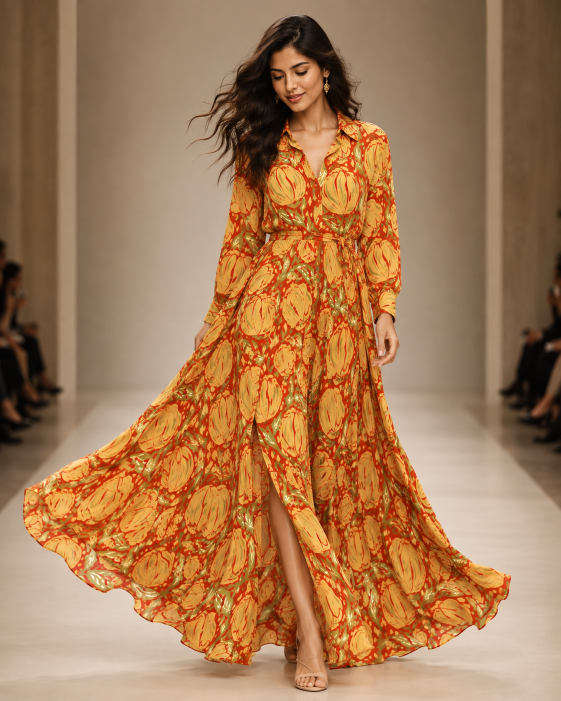 Rich orange and golden botanical surface pattern featuring expressive hand-drawn foliage, organic floral forms and intricate painterly details. This warm, nature-inspired textile design brings an artisanal feel and vibrant character to fabric, fashio