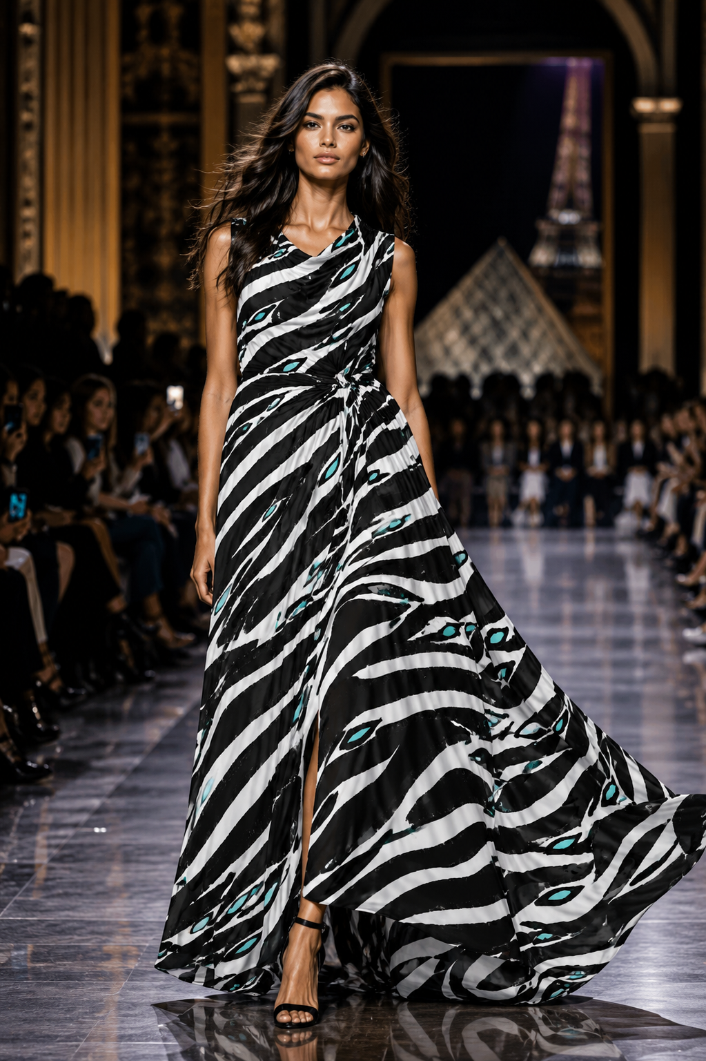 Striking black and white abstract surface pattern featuring expressive zebra-inspired stripes with flowing hand-drawn brushstrokes and subtle teal accents. This bold animal-inspired design creates a dramatic contemporary statement, ideal for fashion,