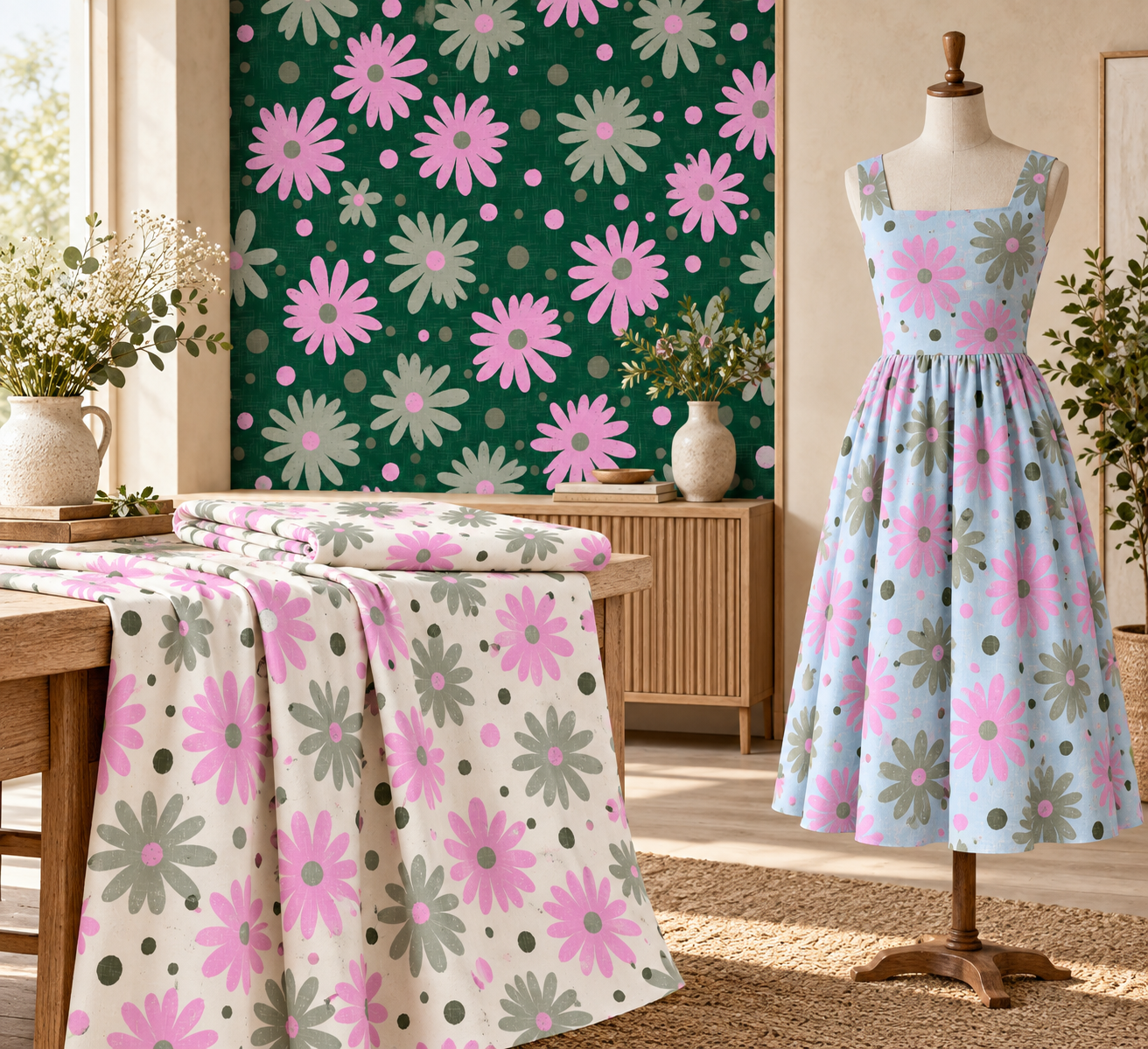Playful pink and sage green floral surface pattern featuring hand-drawn daisy-like flowers, organic leaves and scattered botanical accents on soft ivory and deep green grounds. A cheerful, painterly floral design suited to fabric, fashion, dresses, w