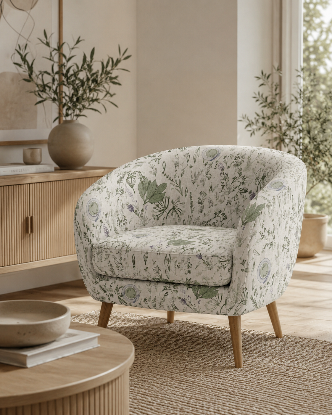 Elegant botanical surface pattern featuring delicate hand-drawn herbs, leafy foliage, wildflower sprigs and subtle lavender apothecary motifs on an ivory background. This timeless nature-inspired design creates a soft, refined look for upholstered fu