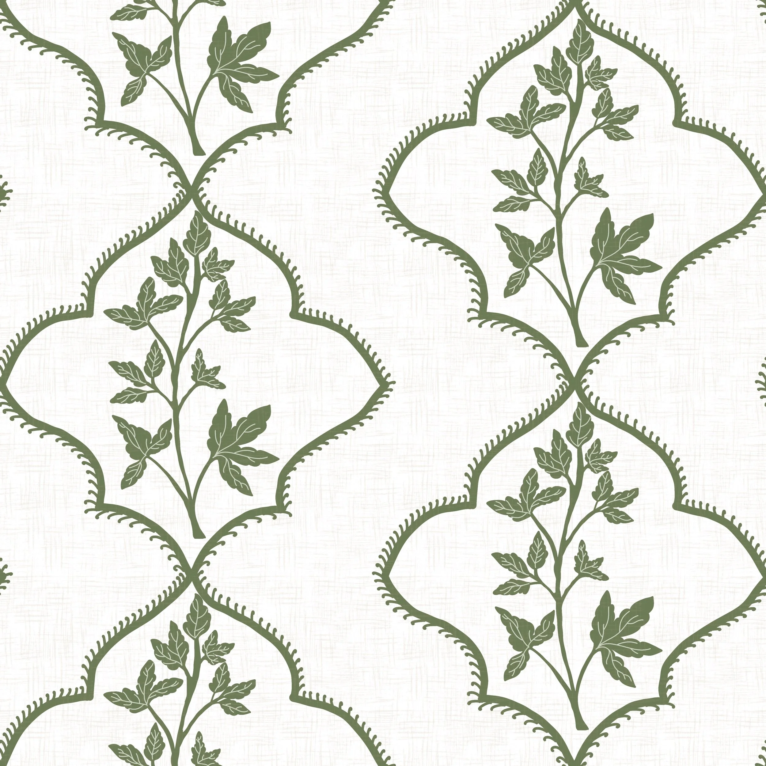 Elegant botanical surface pattern featuring hand-drawn leafy branches framed within repeating scalloped and quatrefoil-inspired motifs in muted sage green on a textured ivory background. This heritage-inspired design combines traditional ornamental c