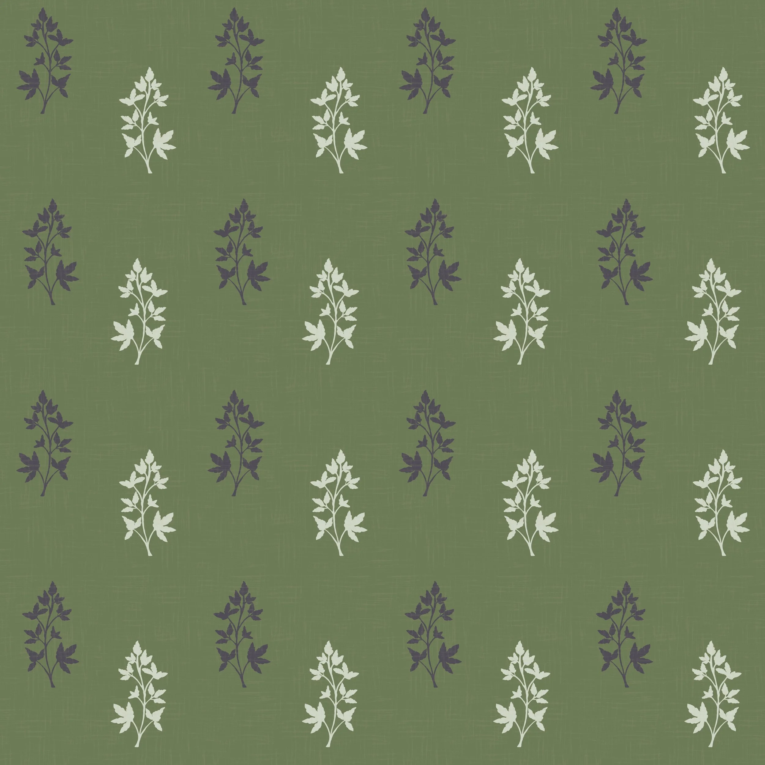 Elegant sage green botanical surface pattern featuring evenly spaced hand-drawn herb sprigs in soft ivory and muted purple. Inspired by vintage botanical illustrations and natural foliage, this simple repeating design brings a refined, timeless feel 
