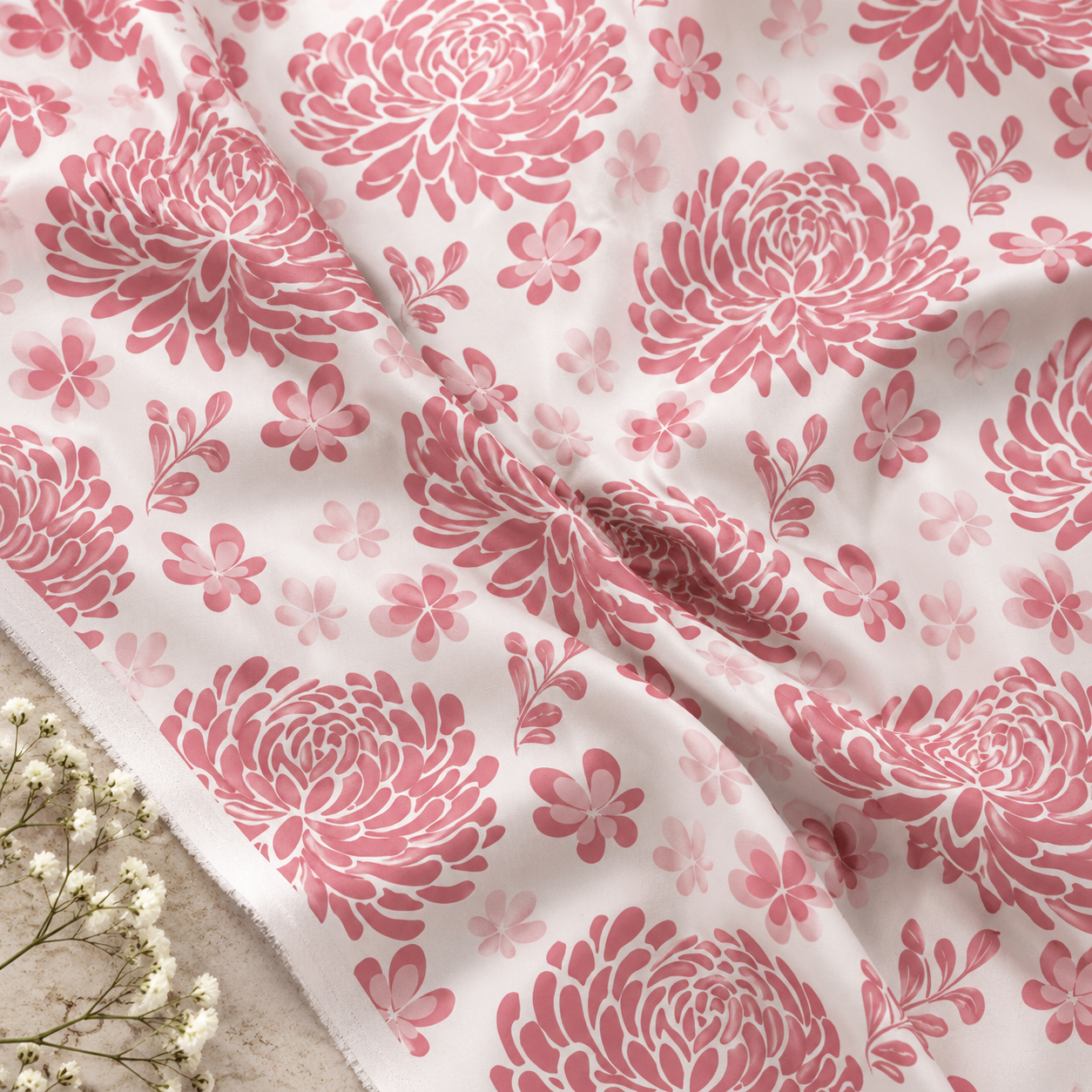 Elegant pink chrysanthemum floral surface pattern featuring layered hand-painted blooms, delicate sprigs and scattered small flowers on a soft ivory background. This romantic botanical design combines traditional floral charm with a painterly aesthet