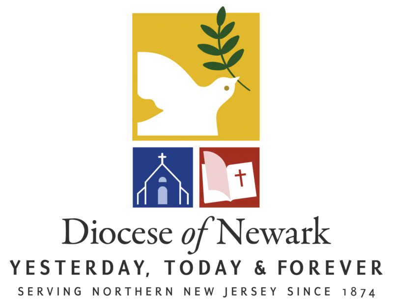 Logo of the Diocese of Newark featuring a dove with an olive branch, a church, and a Bible, with text 'Diocese of Newark, Yesterday, Today & Forever, Serving Northern New Jersey Since 1874'.