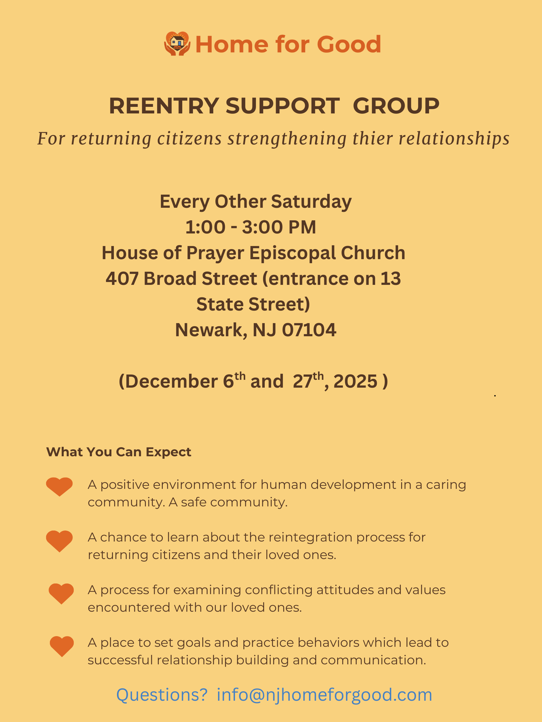 Flyer for the Reentry Support Group hosted by Home for Good, providing details about the meetings held every other Saturday from 1:00 to 3:00 PM at the House of Prayer Episcopal Church in Newark, New Jersey, on December 6th and 27th, 2025, with information about what to expect from the group.