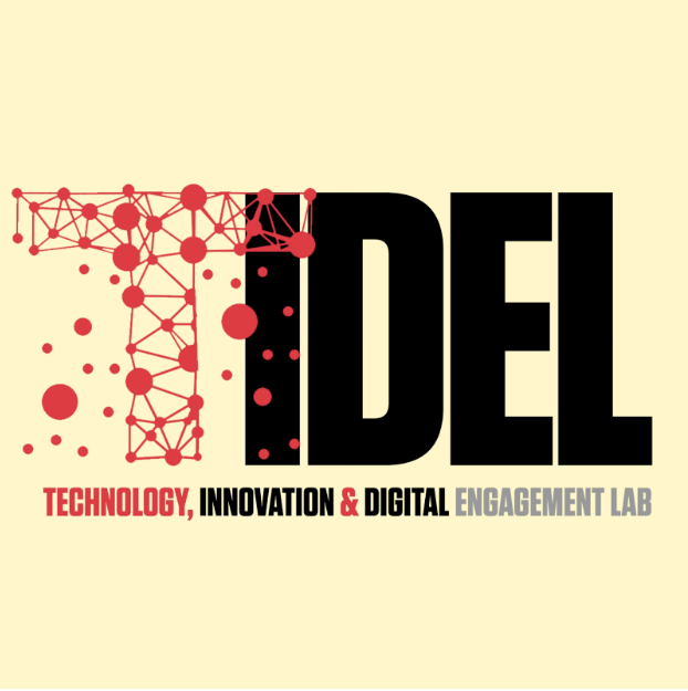 Logo for IDEL, a Technology, Innovation, and Digital Engagement Lab, with a stylized letter 'I' made of interconnected red dots and lines, and the text 'IDEL' in bold black letters.