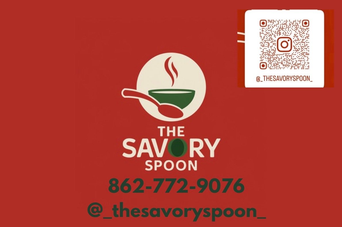 Red background with a logo of a steaming bowl and spoon, and the text 'The Savory Spoon' with a green olive replacing the 'O'. Contact number 862-772-9076 and Instagram handle @_THESAVORYSPOON_.