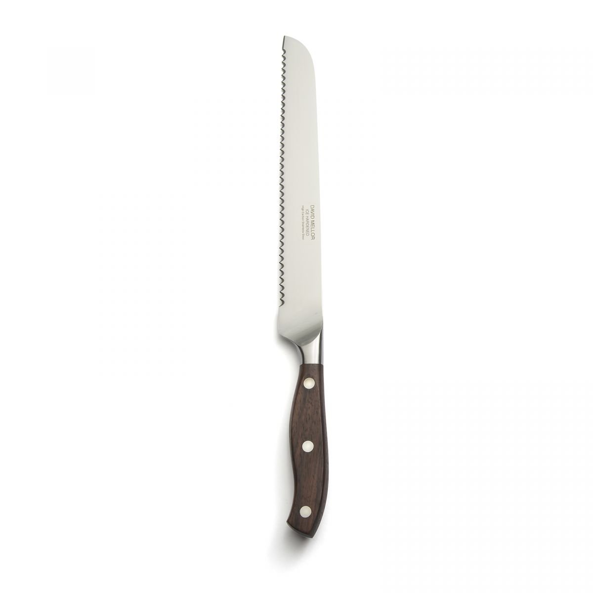 David Mellor Rosewood serrated bread knife 22cm. This is a knife designed to be used every day and kept for life. Designed by Corin Mellor after three years of development. The sinuously curved handle is made from hand-finished Indian rosewood — a tr
