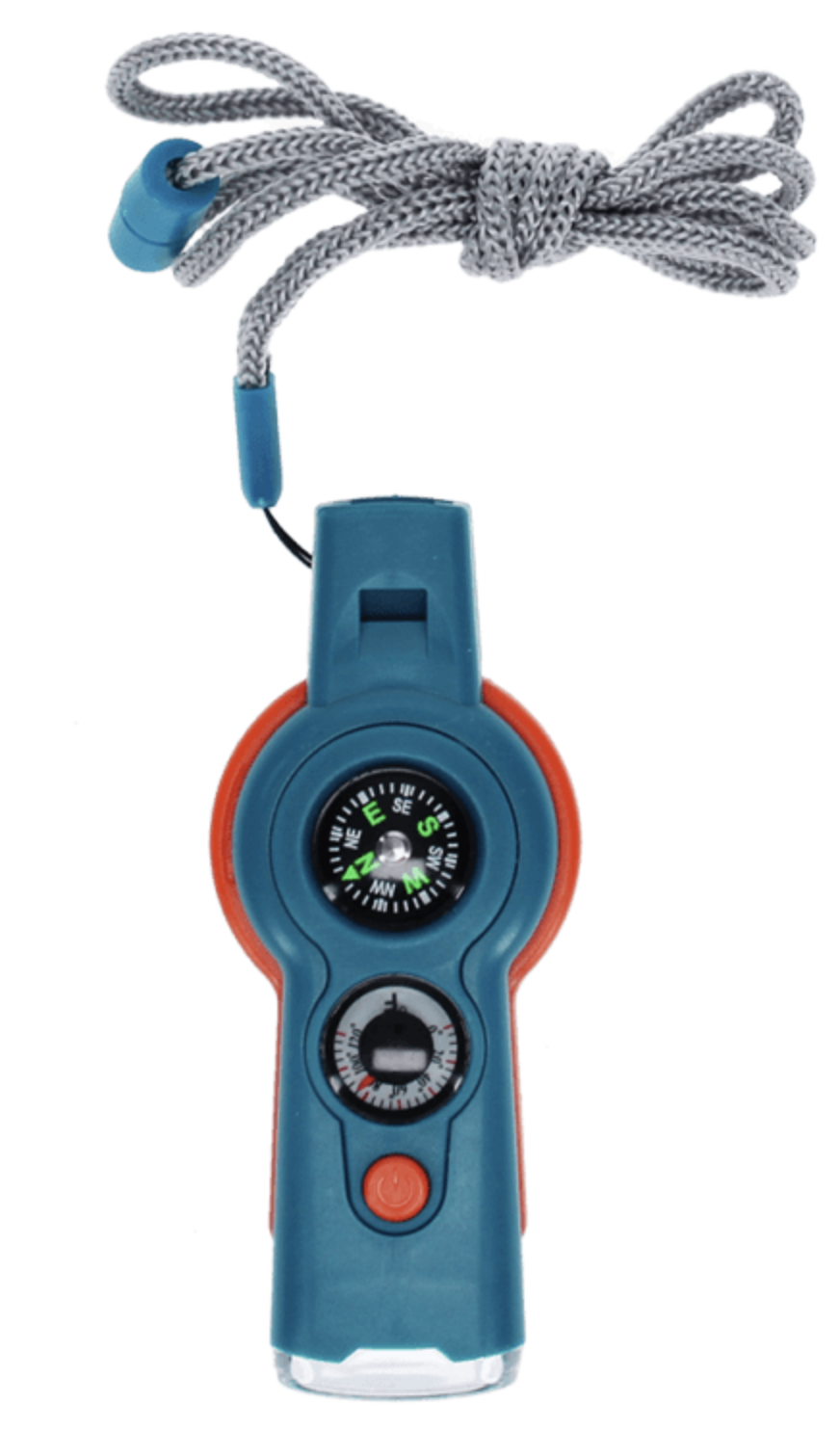 7-in-1 Safety Whistle. A compact survival tool combining a whistle, compass, thermometer, striker, mirror, and signal bead.