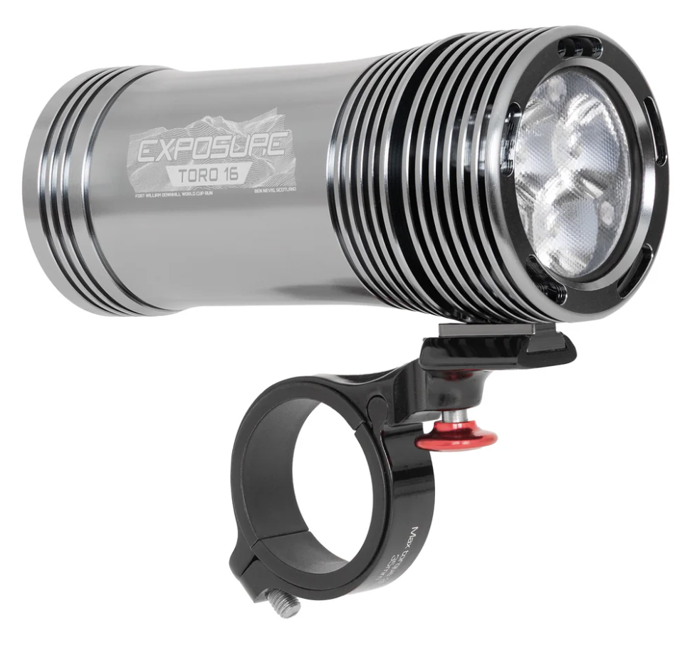 Exposure — Toro 16 Bike Light. Powerful, durable, bar-mounted lighting with a clean beam pattern and long battery life. A lifetime-grade investment for night riding.