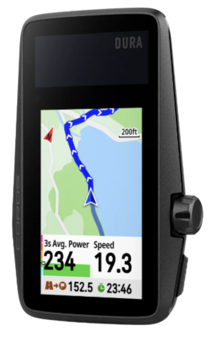 Coros — Dura. A bike computer with astonishing battery life, sharp mapping, a clean interface, and instant syncing with apps like Strava.