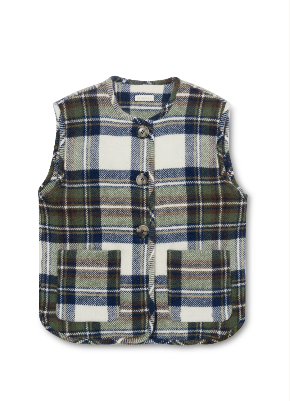 By Soren - 100% Pure Wool Frida Gilet. A lightweight layering piece made from pure new wool blankets, finished with deep pockets and oversized recycled buttons. Easy to wear year-round — under a coat, over knitwear, or thrown over the shoulder.