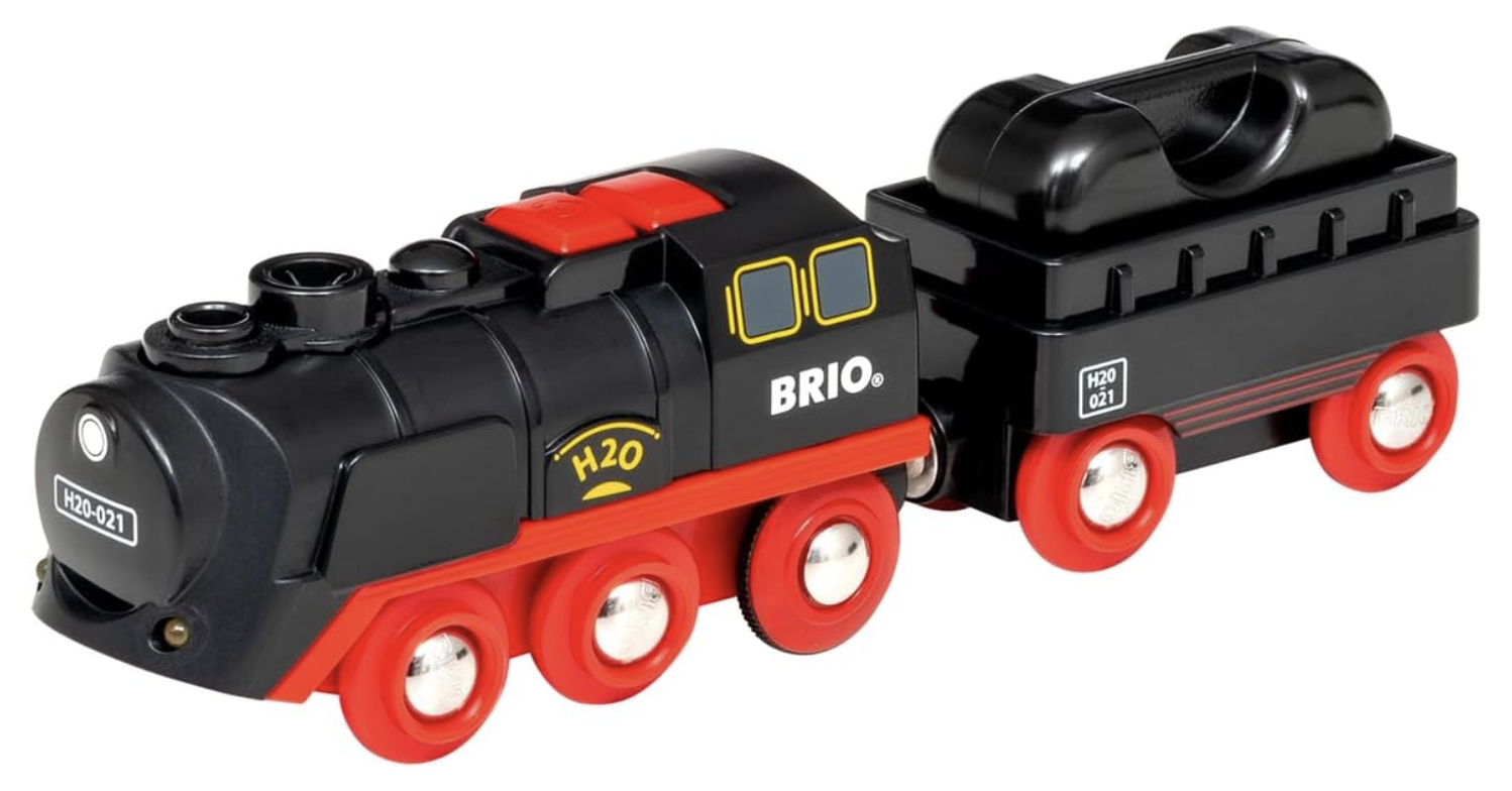 BRIO — Steam Train. A battery-powered engine that produces safe-to-touch “steam” as it runs. A lovely addition to any wooden train set.