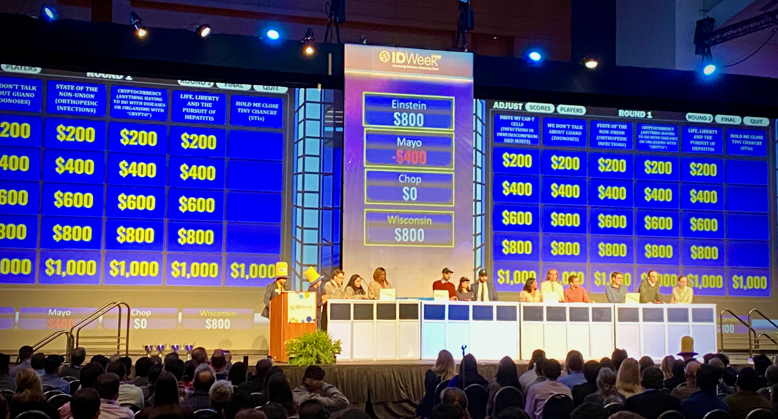 Large screen at a quiz competition showing categories and questions with dollar amounts, and a panel of people sitting at a table in front of the screen.