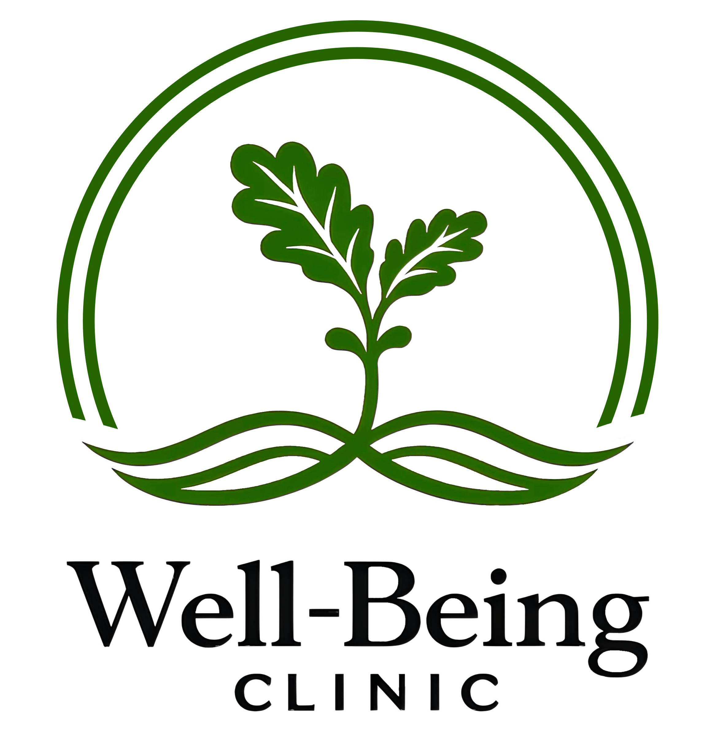Logo of Well-Being Clinic featuring a green plant with leaves and roots, with the clinic's name below.