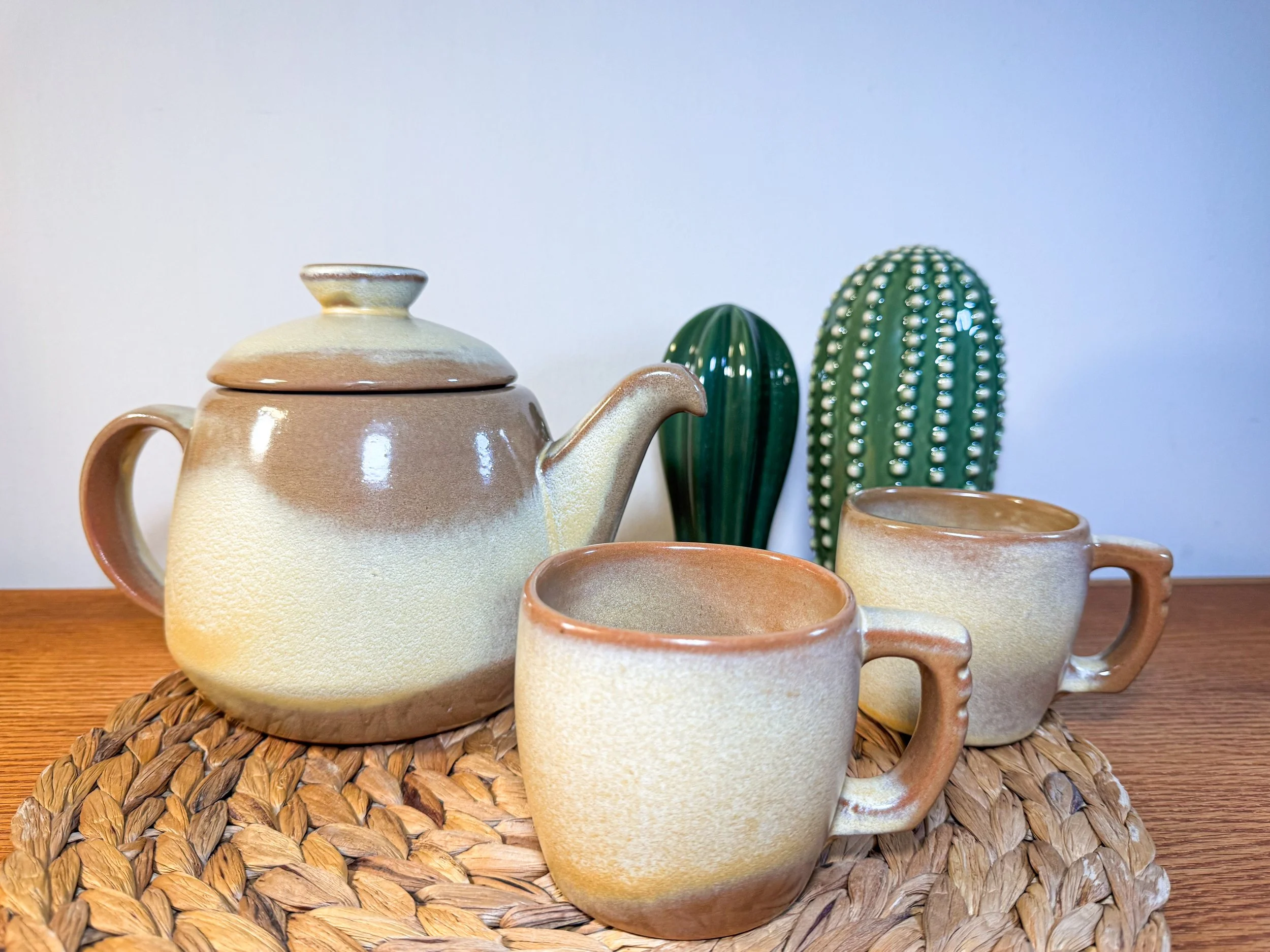 Frankoma Plainsman Teapot & Mug Set - Desert Gold Stoneware - 3 Piece Mid Century Coffee Service