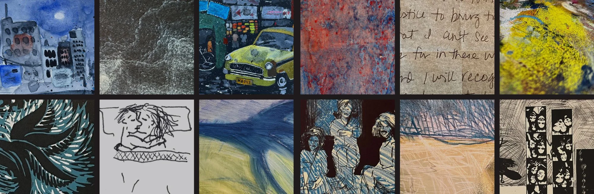 A collage of ten images featuring artwork, photographs, and handwritten notes, including cityscapes, a textured surface, a vintage yellow car, colorful abstract patterns, and sketches of people.