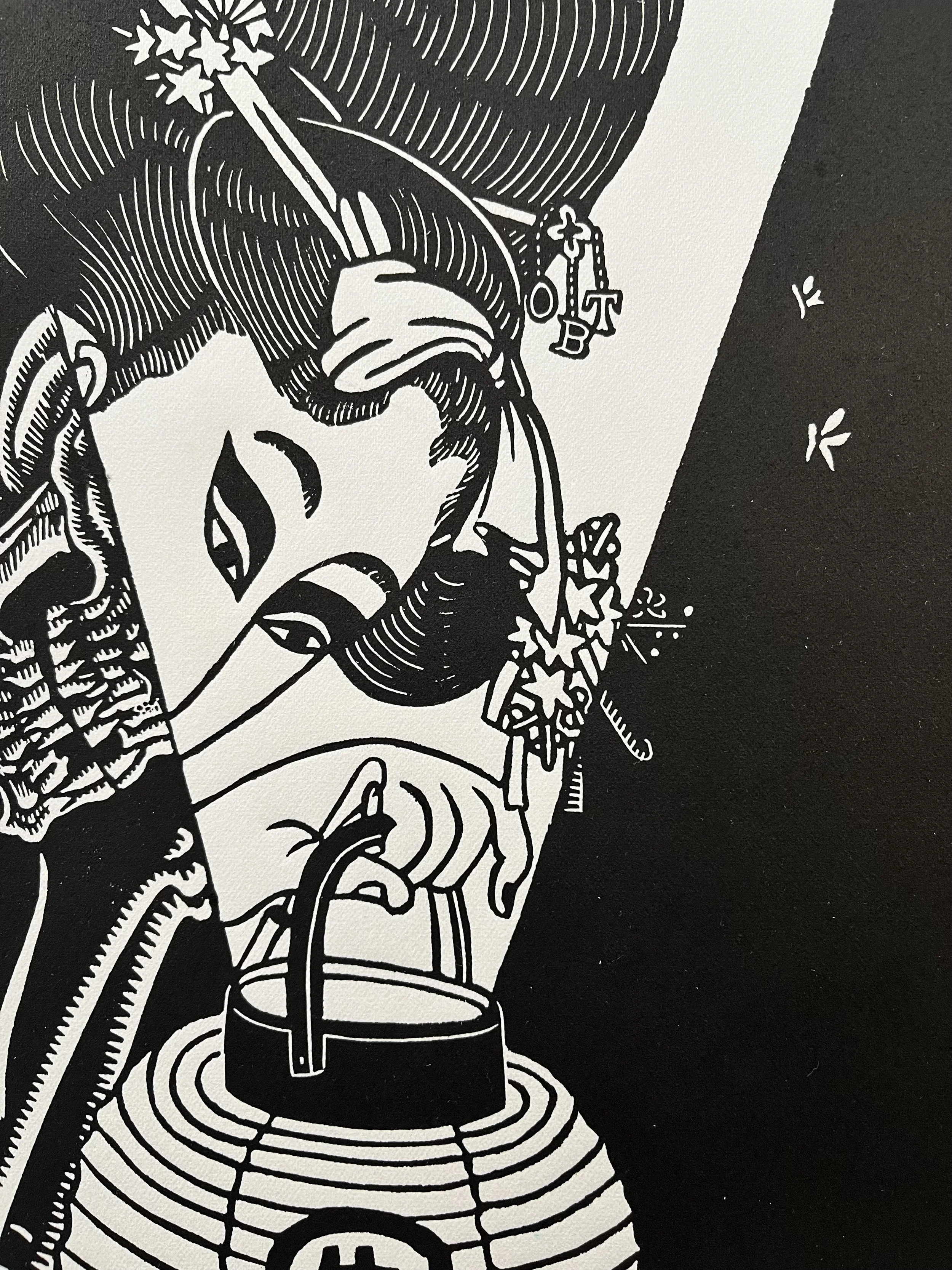 Black and white illustration of a woman in traditional attire, with flowers and decorative accessories, holding a lantern.