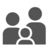 Simple black and gray icon of three people, representing a group or family.