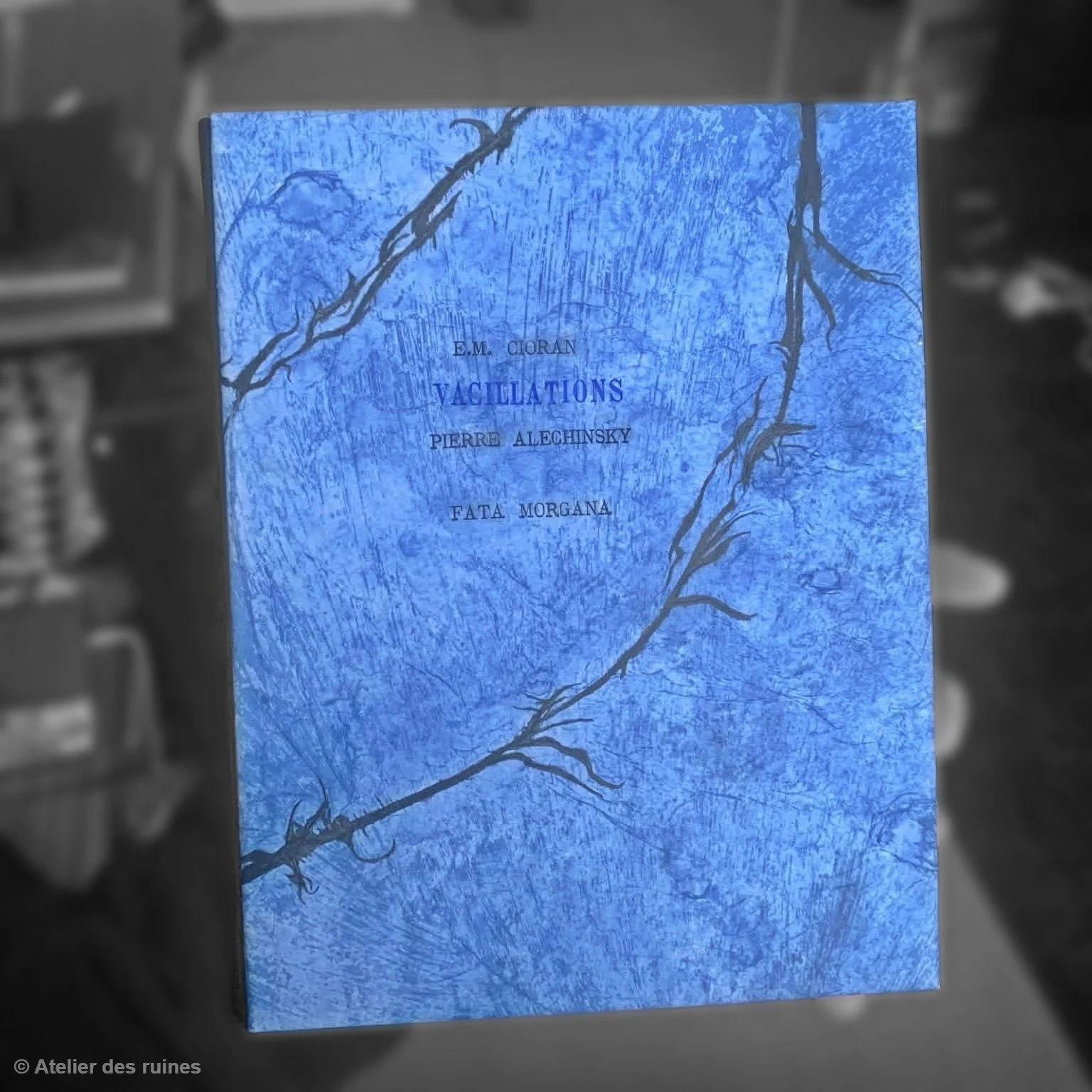 Couverture de livre bleue avec des branches d'arbre en illustration et le titre 'Vagillations' de Pierre Alechinsky, avec d'autres noms d'auteurs.